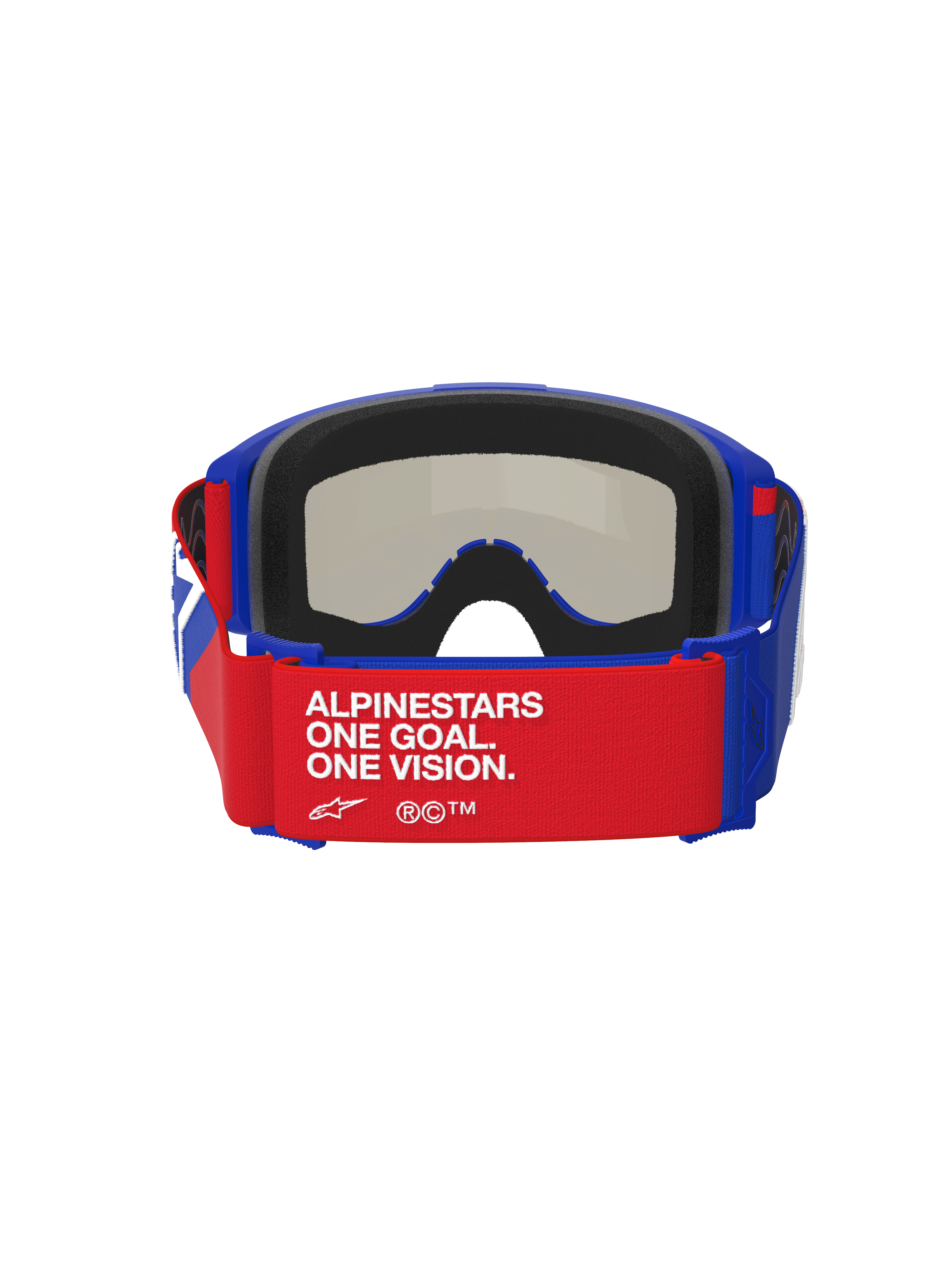 Alpinestars Vision Sand Goggles, Blue Red and White, rear view featuring a red strap with white 'ALPINESTARS ONE GOAL. ONE VISION.' text, blue frame with thick black foam padding, dark smoke lens visible from the inside, high-performance motocross goggles