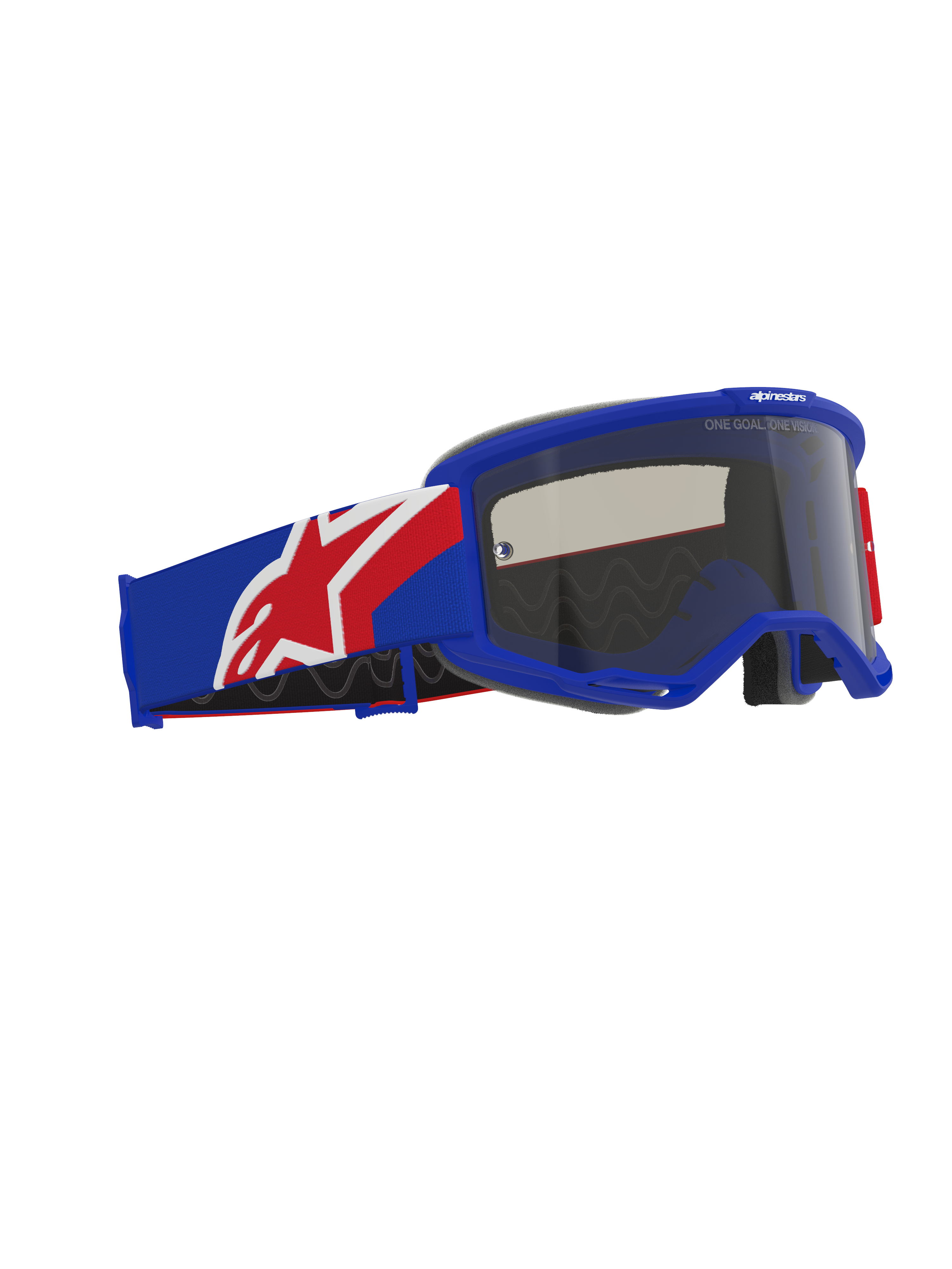 Alpinestars Vision Sand Goggles, off-road motocross eyewear, Blue Red and White frame and strap, Dark Smoke tinted lens, featuring a wide silicone-backed strap and ergonomic face foam.