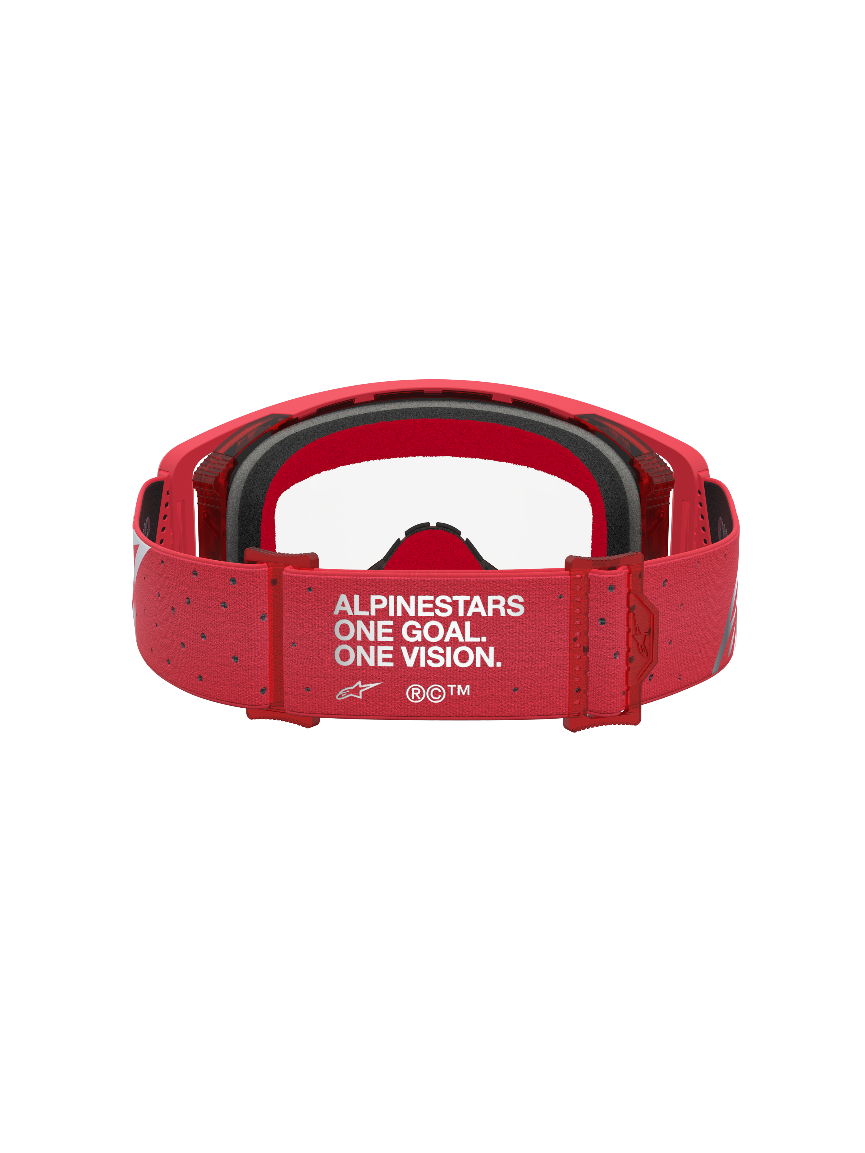 Alpinestars Supertech Vesta Goggles, Red Motocross Goggles, Rear View with One Goal One Vision Branded Strap.