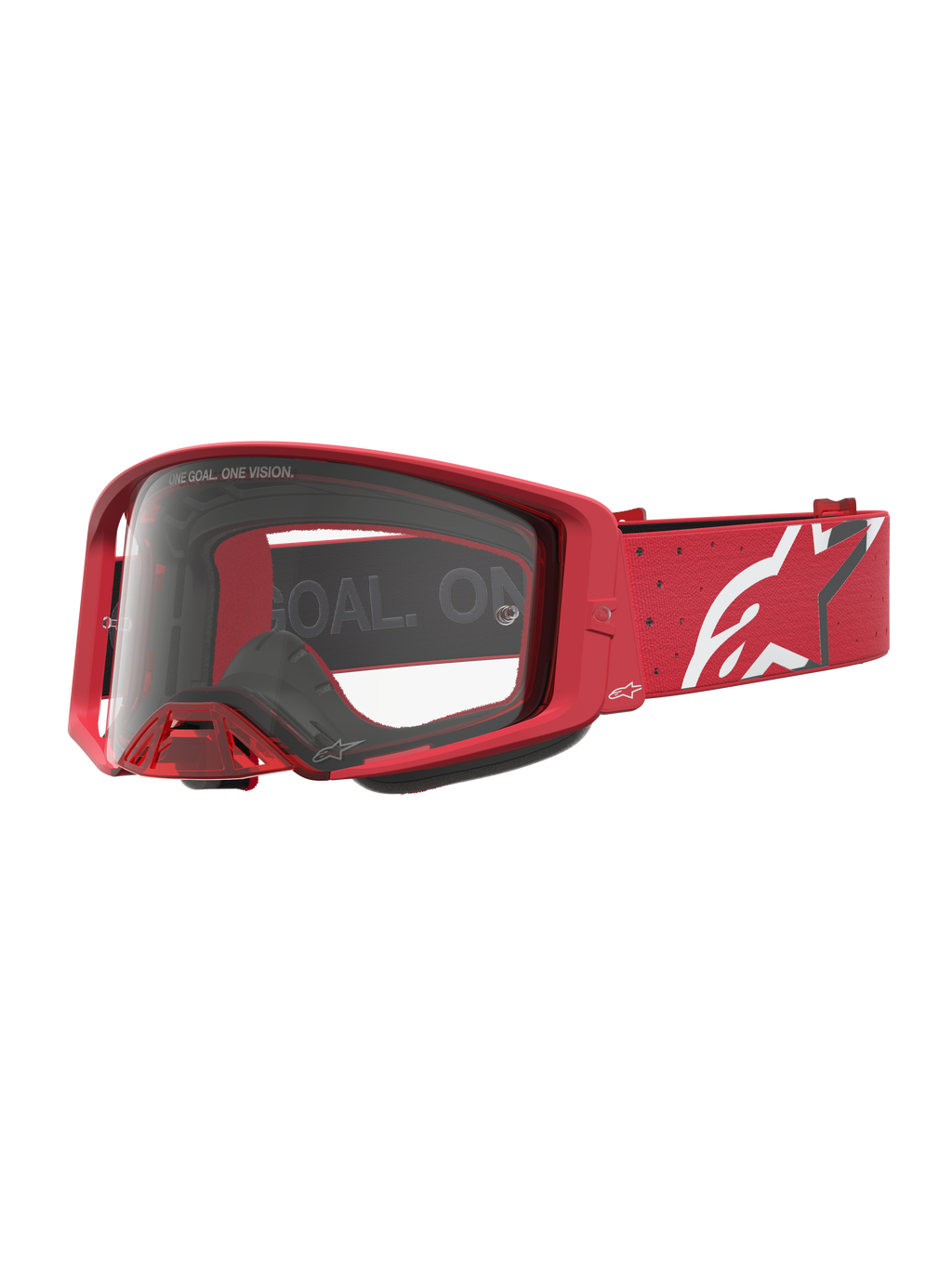 Red Alpinestars Supertech Vesta Motocross Goggles featuring a clear polycarbonate lens and white star logo strap.