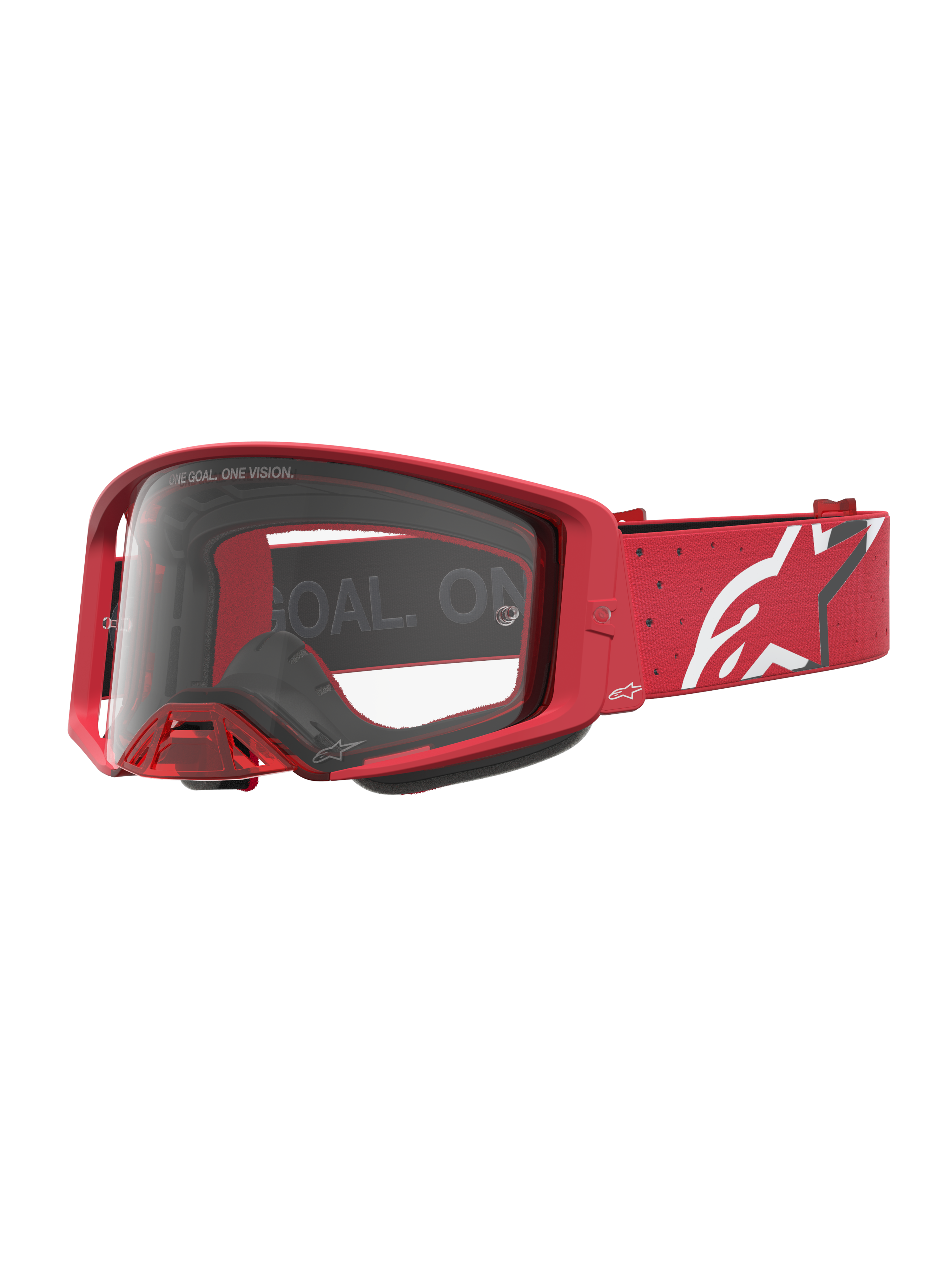 Red Alpinestars Supertech Vesta Motocross Goggles featuring a clear polycarbonate lens and white star logo strap.