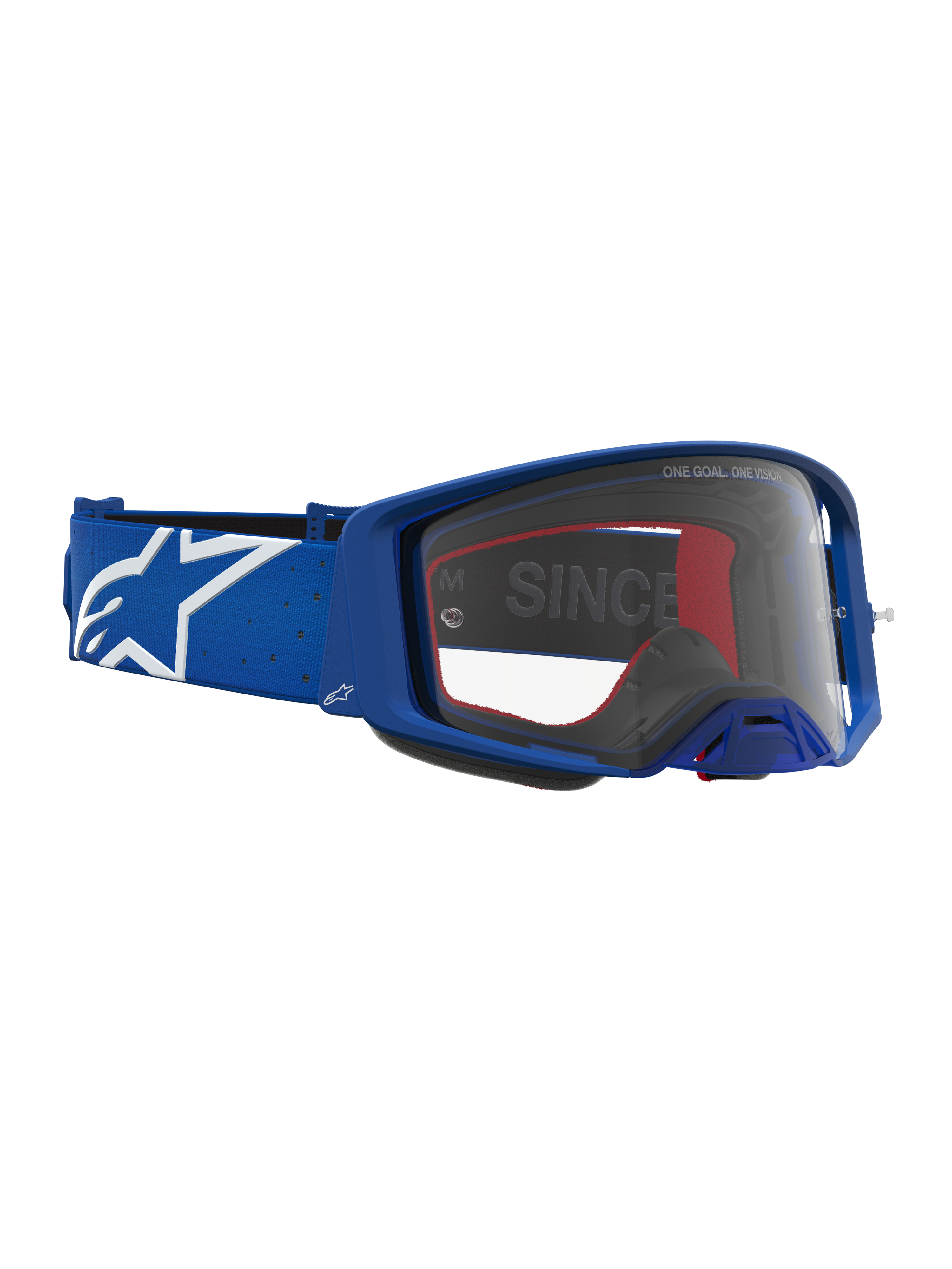 Alpinestars Supertech Vesta Goggles, blue and white motocross goggles with clear polycarbonate lens and logo strap.