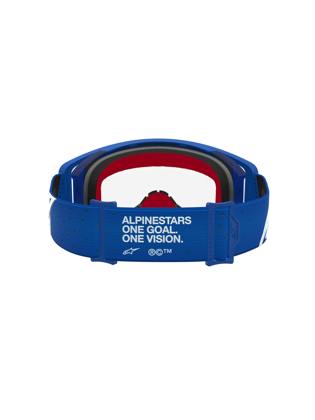 Alpinestars Supertech Vesta Goggles in blue and white, featuring a branded strap and red foam for motocross racing.