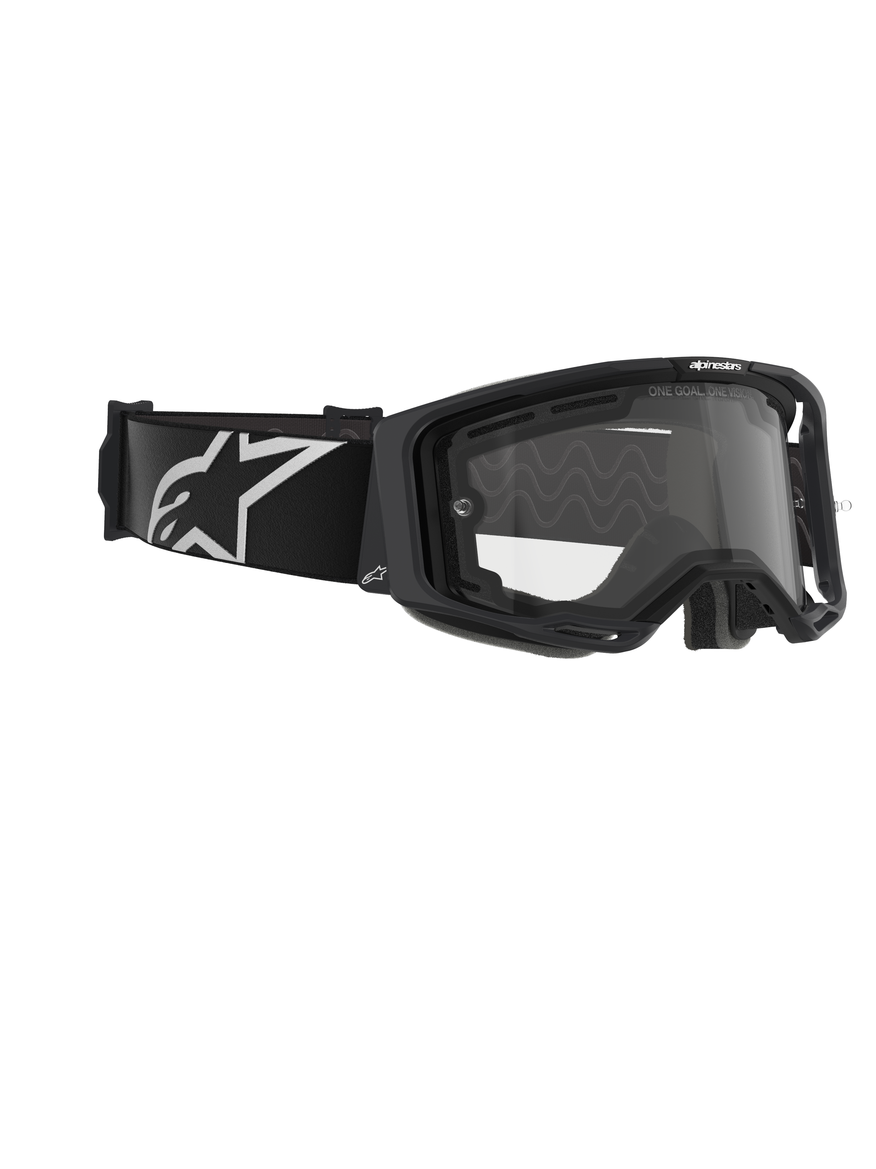 Alpinestars Vision 8 Corp Goggles, Dual Pane, Motocross Goggles, Black frame with Clear lens, wide black strap featuring a large white Alpinestars logo, technical eye protection for off-road racing