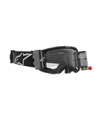 Alpinestars Vision 8 Corp Goggles, Motocross Goggles with Roll-Off System, Black and Clear, featuring transparent film canisters, a clear lens, and a wide black strap with a large white Alpinestars logo