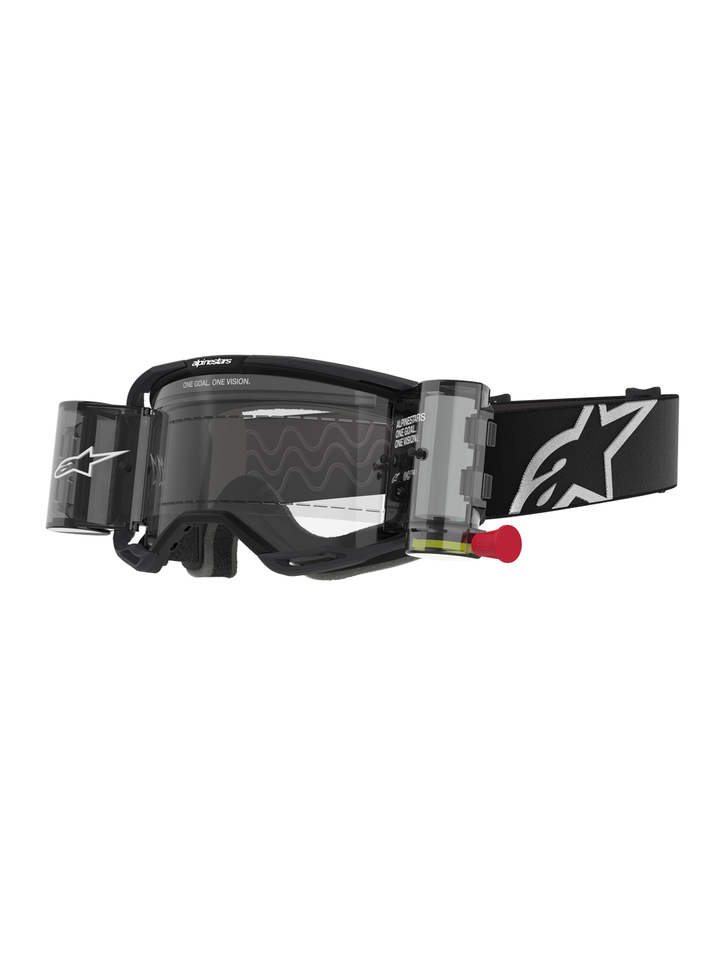 Alpinestars Vision 8 Corp Goggles Roll Off, Motocross Goggles, Black and Clear, integrated roll-off system with red pull-tab, black strap with white logo, wavy lens pattern with "ONE GOAL. ONE VISION." text, performance eye protection for off-road racing
