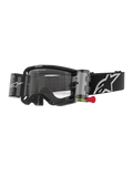 Alpinestars Vision 8 Corp Goggles Roll Off, Motocross Goggles, Black and Clear, integrated roll-off system with red pull-tab, black strap with white logo, wavy lens pattern with "ONE GOAL. ONE VISION." text, performance eye protection for off-road racing