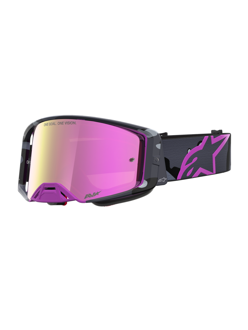 Limited Edition Supertech Lone Goggles, Motocross goggles with a mirror pink lens, camo purple frame, and printed strap featuring the Astars logo.