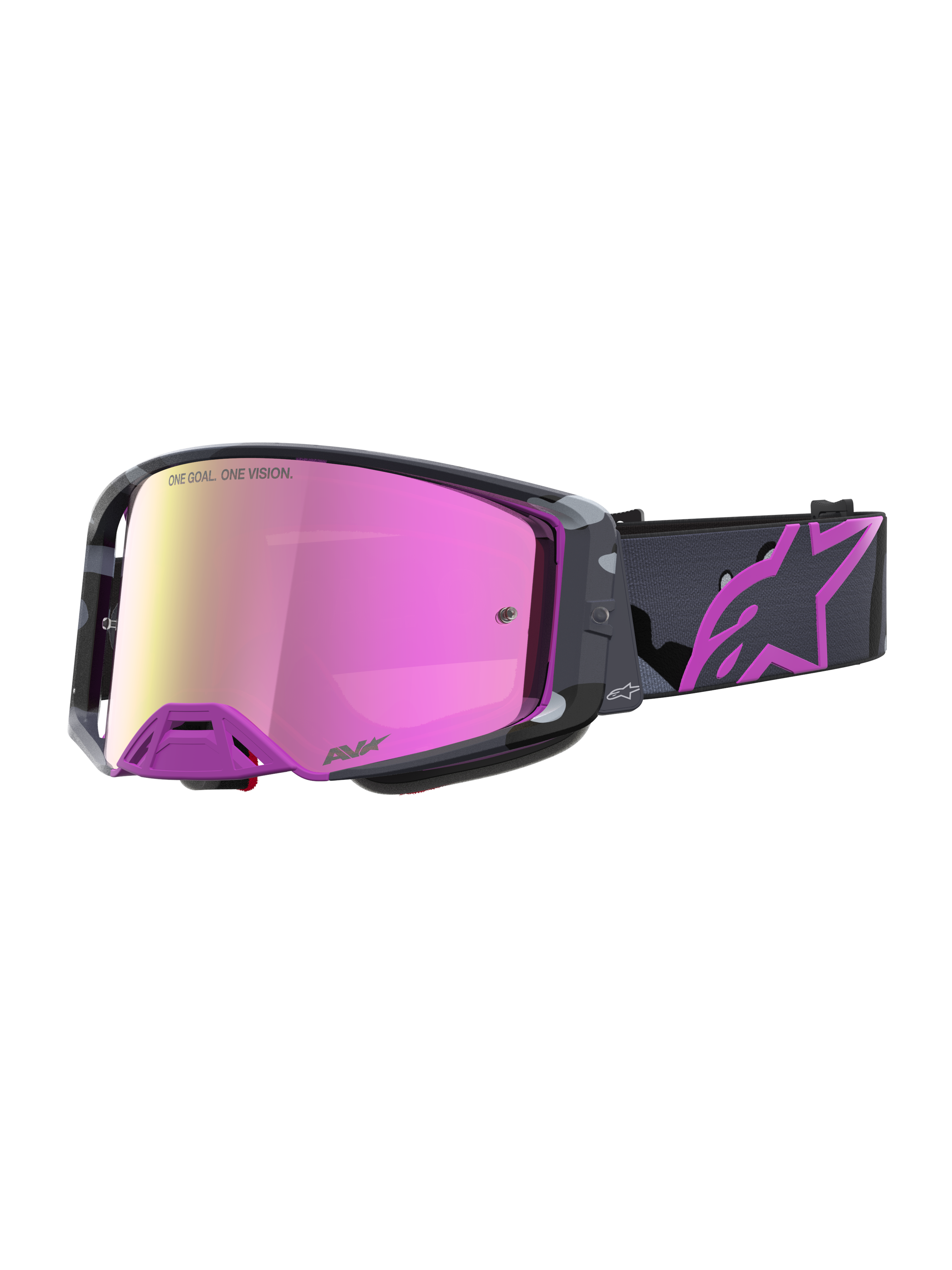Limited Edition Supertech Lone Goggles, Motocross goggles with a mirror pink lens, camo purple frame, and printed strap featuring the Astars logo.