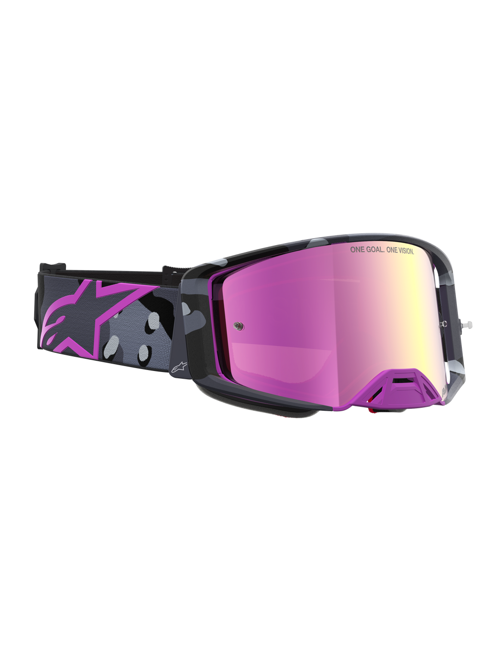 Alpinestars Limited Edition Supertech Lone Goggles, motocross racing goggles with a mirror pink lens and camo purple strap, high-contrast vision and advanced airflow ventilation