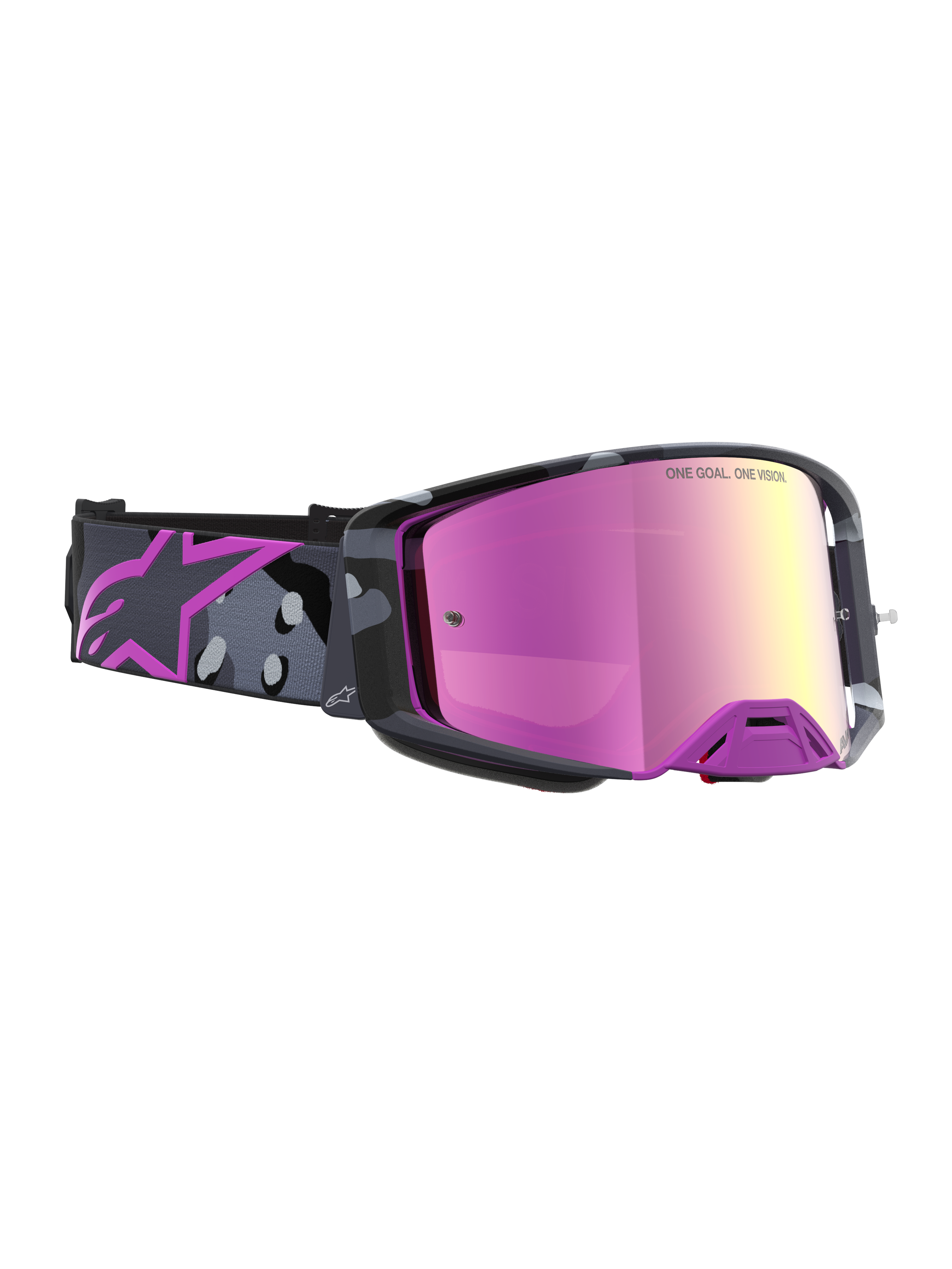 Alpinestars Limited Edition Supertech Lone Goggles, motocross racing goggles with a mirror pink lens and camo purple strap, high-contrast vision and advanced airflow ventilation