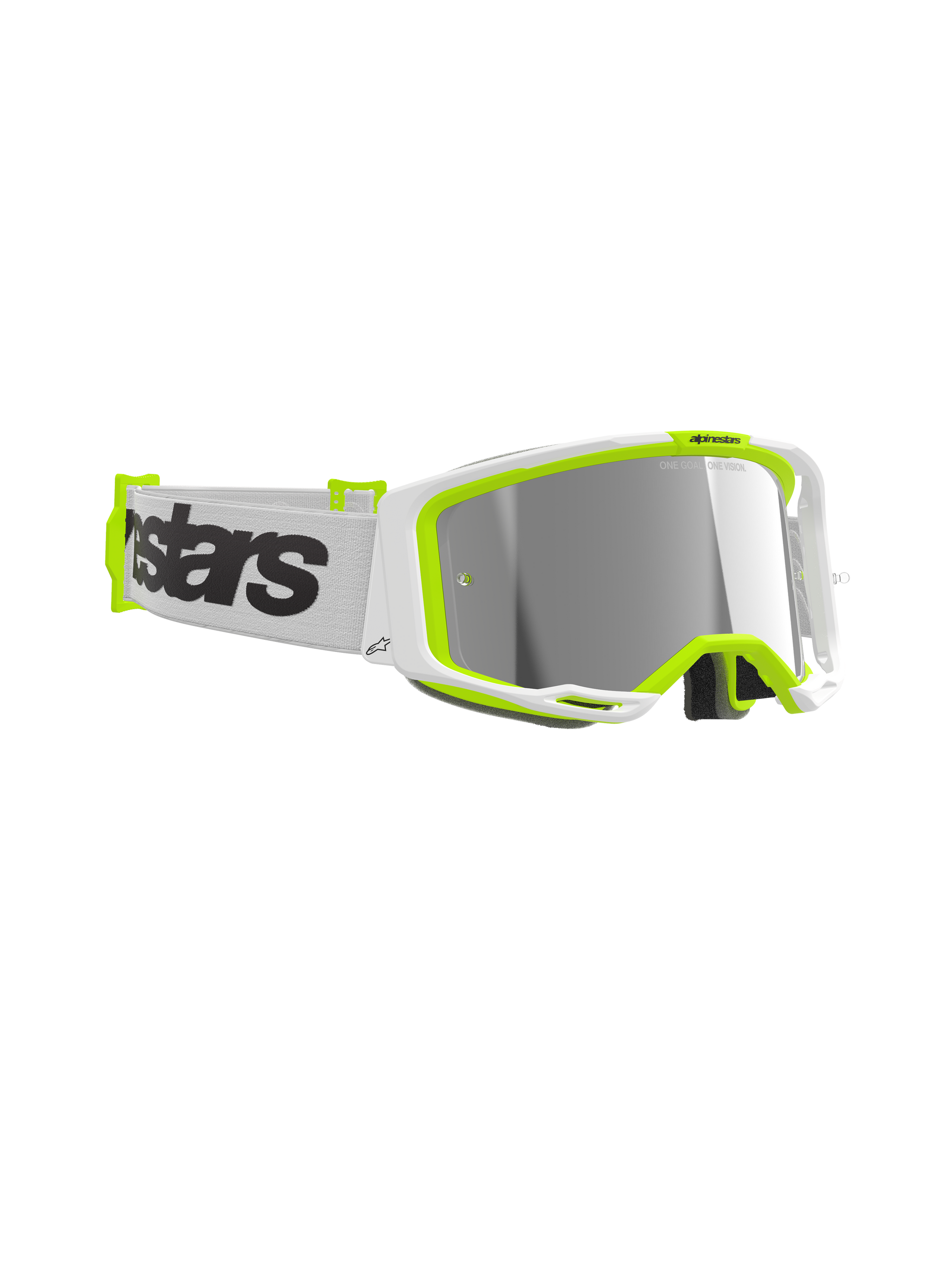 Alpinestars Vision 8 Wordmark Goggles, Motocross Goggles, White and Yellow Fluo frame, Mirror Silver lens, white woven strap with bold black wordmark branding, high-performance eye protection for off-road racing