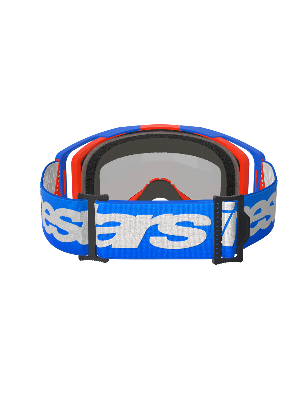 Alpinestars Vision 8 Wordmark Goggles, Motocross Goggles, Blue Orange Mirror Red, rear view featuring a blue woven strap with white Alpinestars wordmark, internal 3D molded face foam, and black adjustment buckles