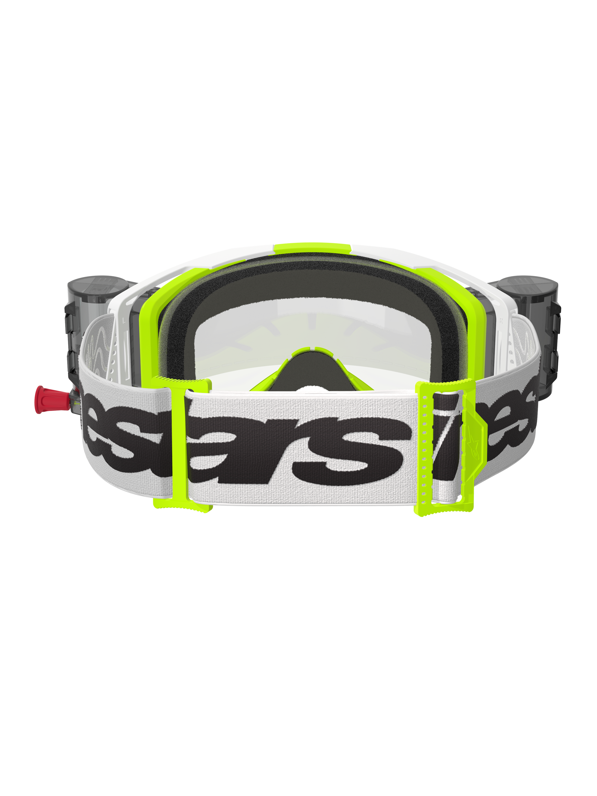 Alpinestars Vision 8 Wordmark Goggles, Rear View, White and Yellow Fluo, featuring integrated Roll-Off system with canisters, wide white woven strap with black Alpinestars logo, 3D molded face foam and clear lens