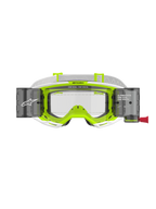Alpinestars Vision 8 Wordmark Goggles Roll Off, White and Fluorescent Yellow frame, clear lens with integrated roll-off system canisters, white woven strap, featuring 'ONE GOAL. ONE VISION.' branding, professional motocross eye protection
