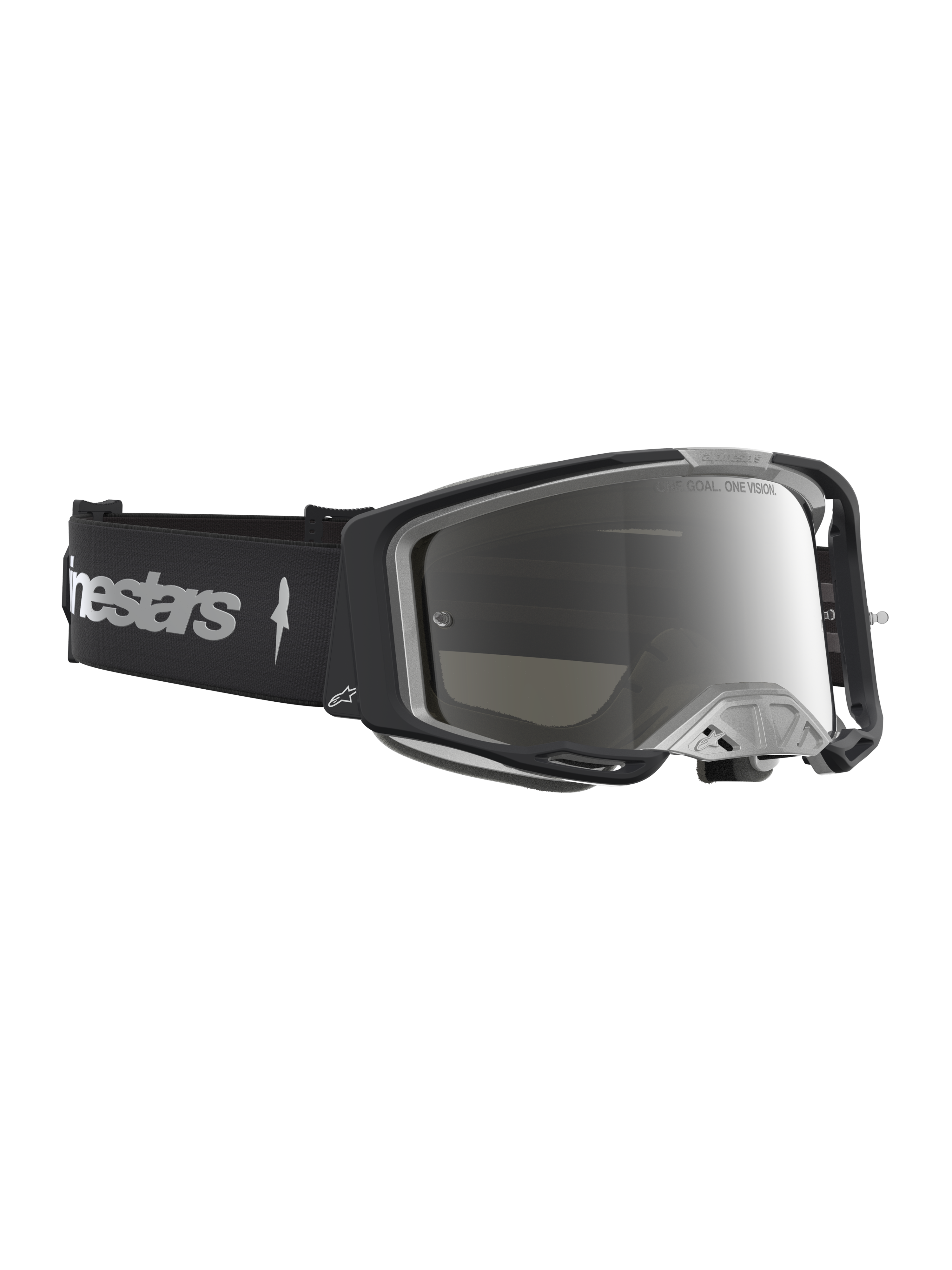 Alpinestars Vision 8 Amber Mirror Motocross Goggles, Black and Silver, with flexible A-FLEX frame and anti-fog lens.