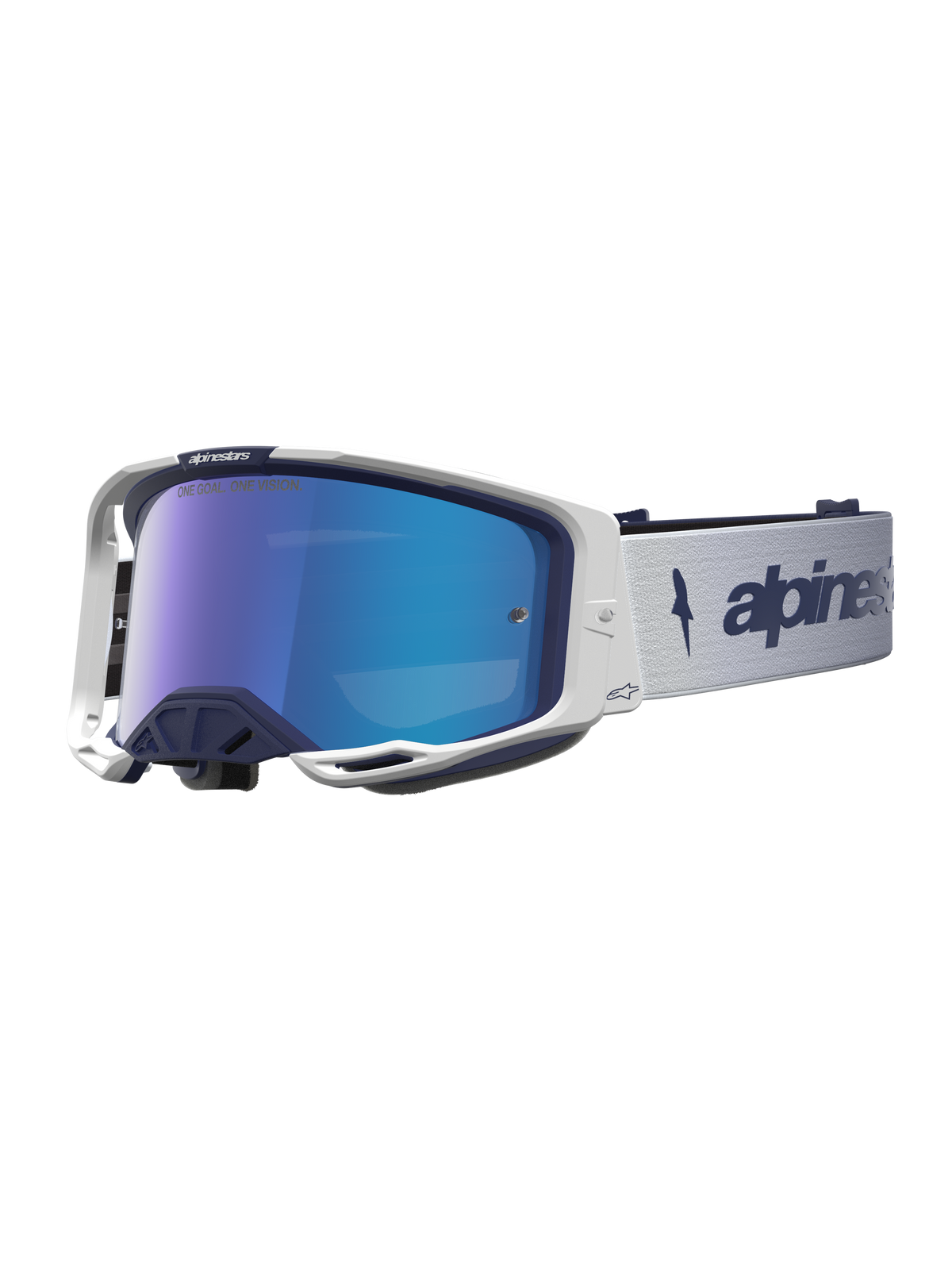 Alpinestars Vision 8 Amber Mirror Goggles, Motocross Racing Eyewear, Navy and White with Blue Mirror Lens, A-FLEX Frame and RAM-AIR Ventilation.