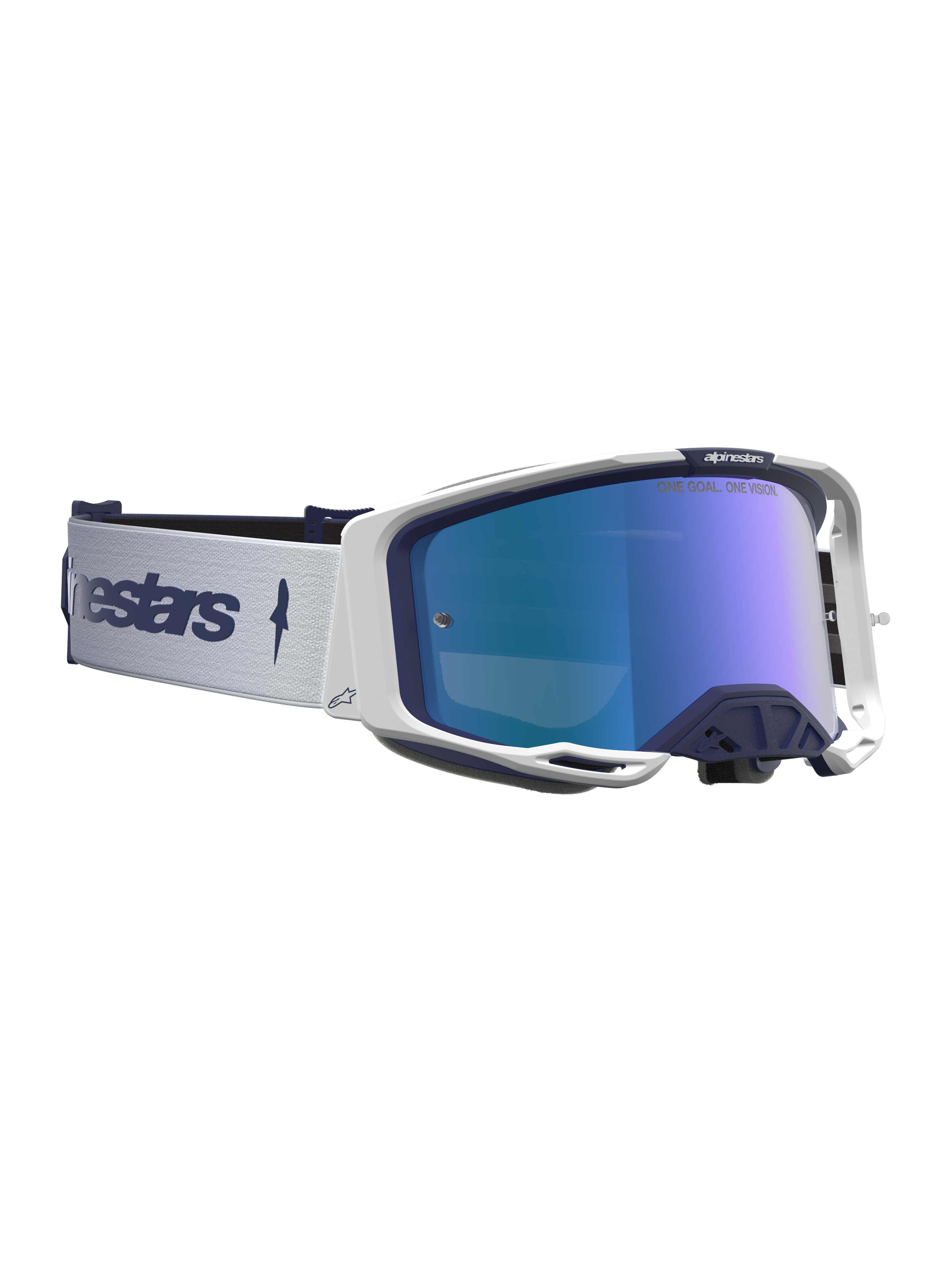 Alpinestars Vision 8 Amber Mirror Goggles in navy and white feature a blue mirrored lens and RAM-AIR ventilation for motocross.