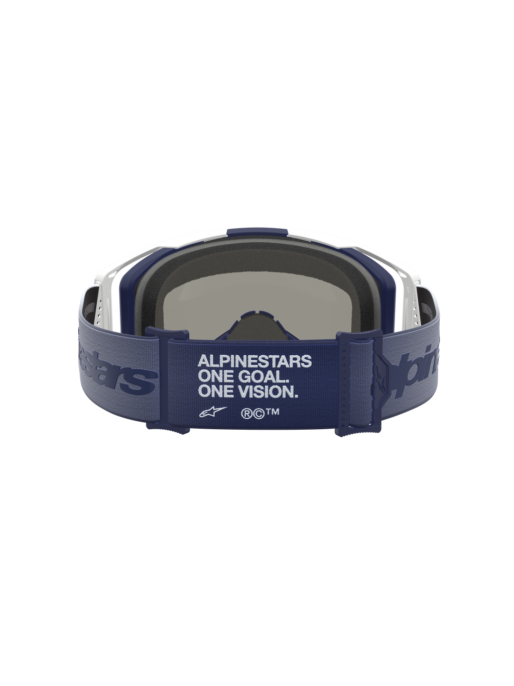 Alpinestars Vision 8 Amber Mirror Goggles for motocross, rear view showing wide navy blue strap with brand manifesto, white frame, and 3D face foam.