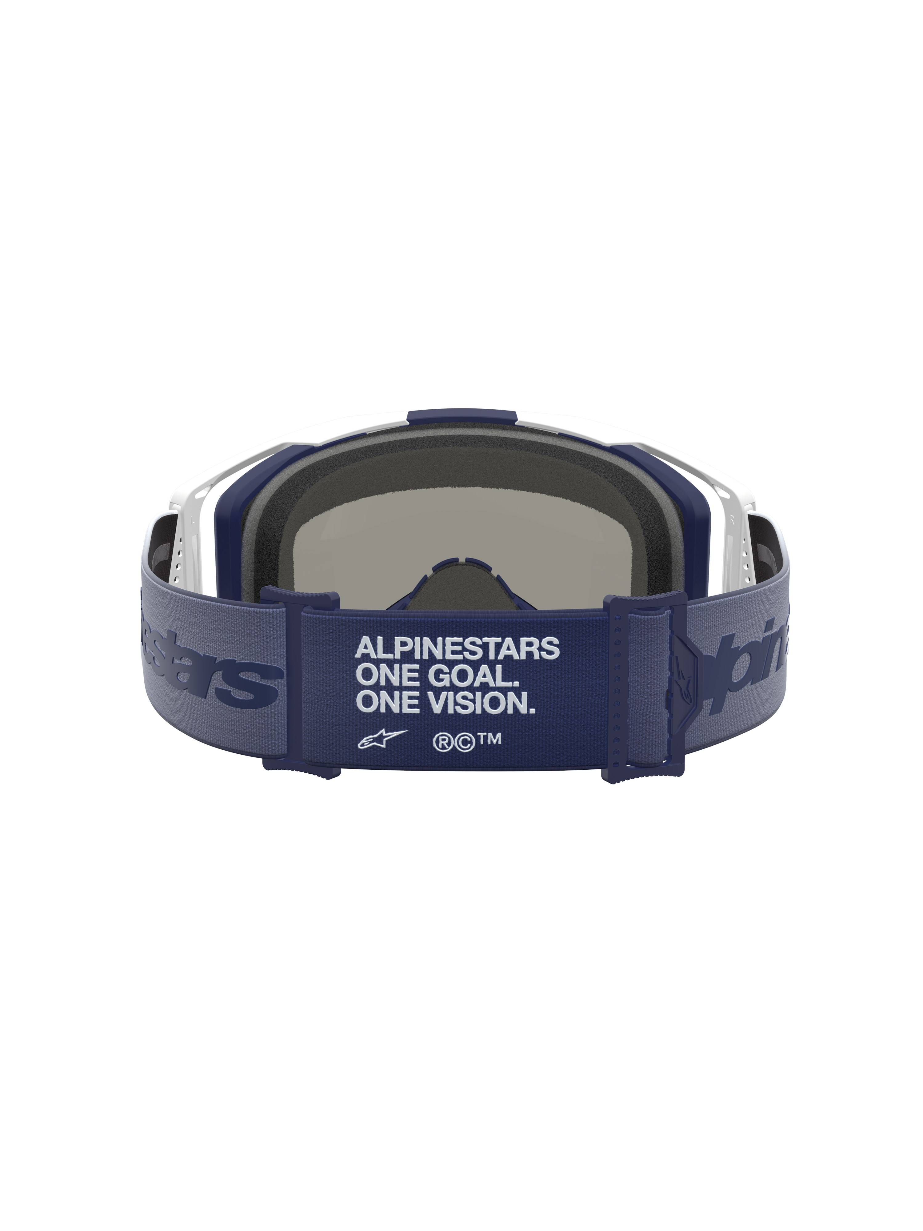 Alpinestars Vision 8 Amber Mirror Goggles for motocross, rear view showing wide navy blue strap with brand manifesto, white frame, and 3D face foam.