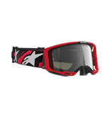 Alpinestars Vision 8 Luar Goggles, Motocross Goggles, Red and Black frame with Silver Mirror Lens, featuring a wide woven strap with red and white Alpinestars branding and "ONE GOAL. ONE VISION." text, high-performance protective eyewear for off-road racing