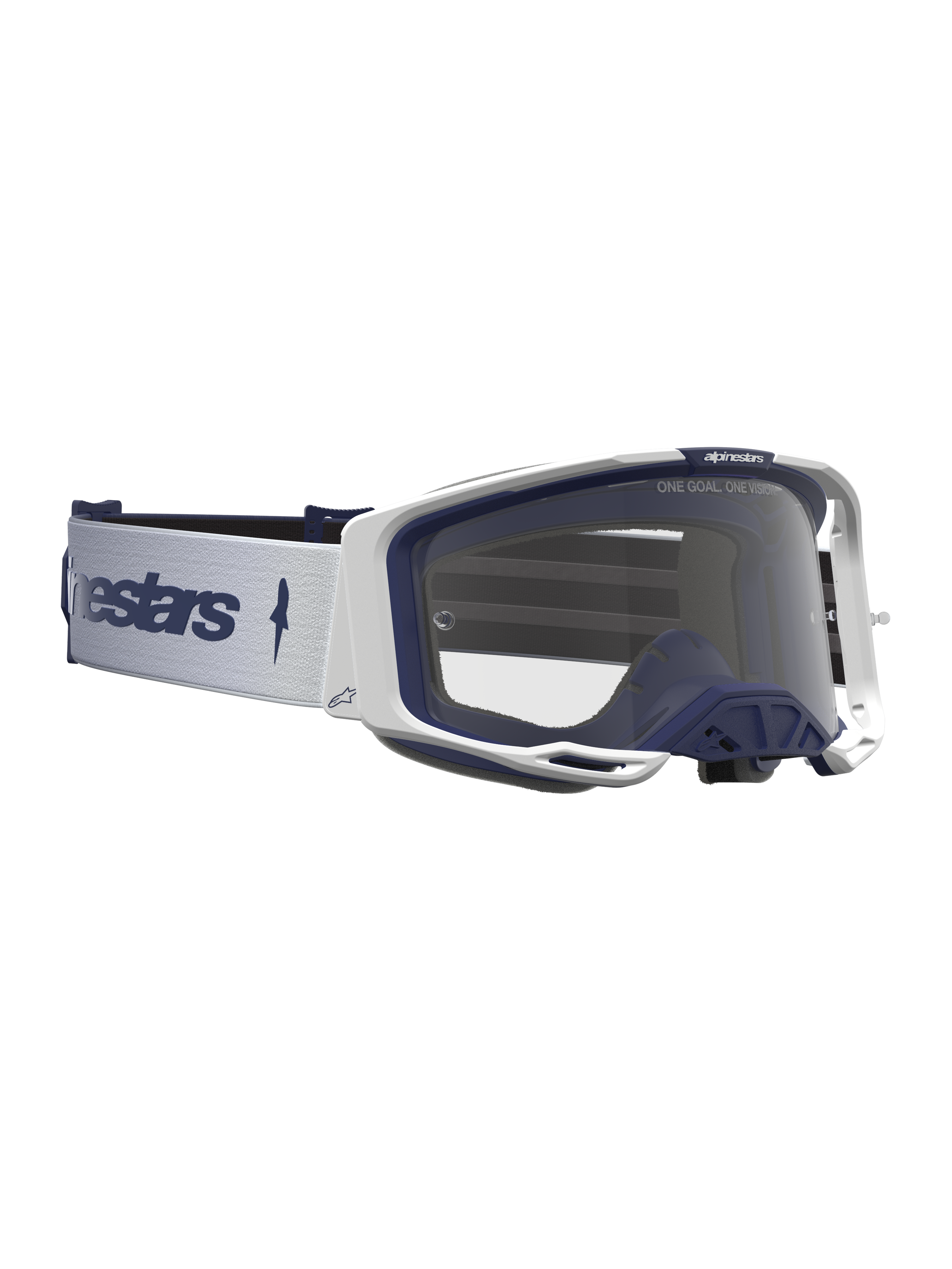 Alpinestars Vision 8 Amber Goggles in white and navy blue, featuring a clear lens and A-FLEX frame for motocross racing.