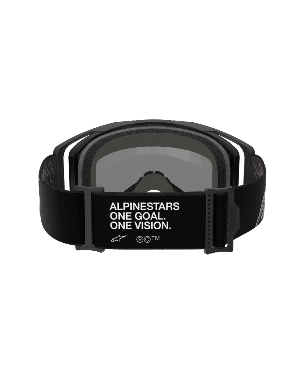 Alpinestars Vision 8 Corp Goggles, Motocross Goggles, Rear view of black adjustable strap with white 'ALPINESTARS ONE GOAL. ONE VISION.' branding, black frame and foam padding