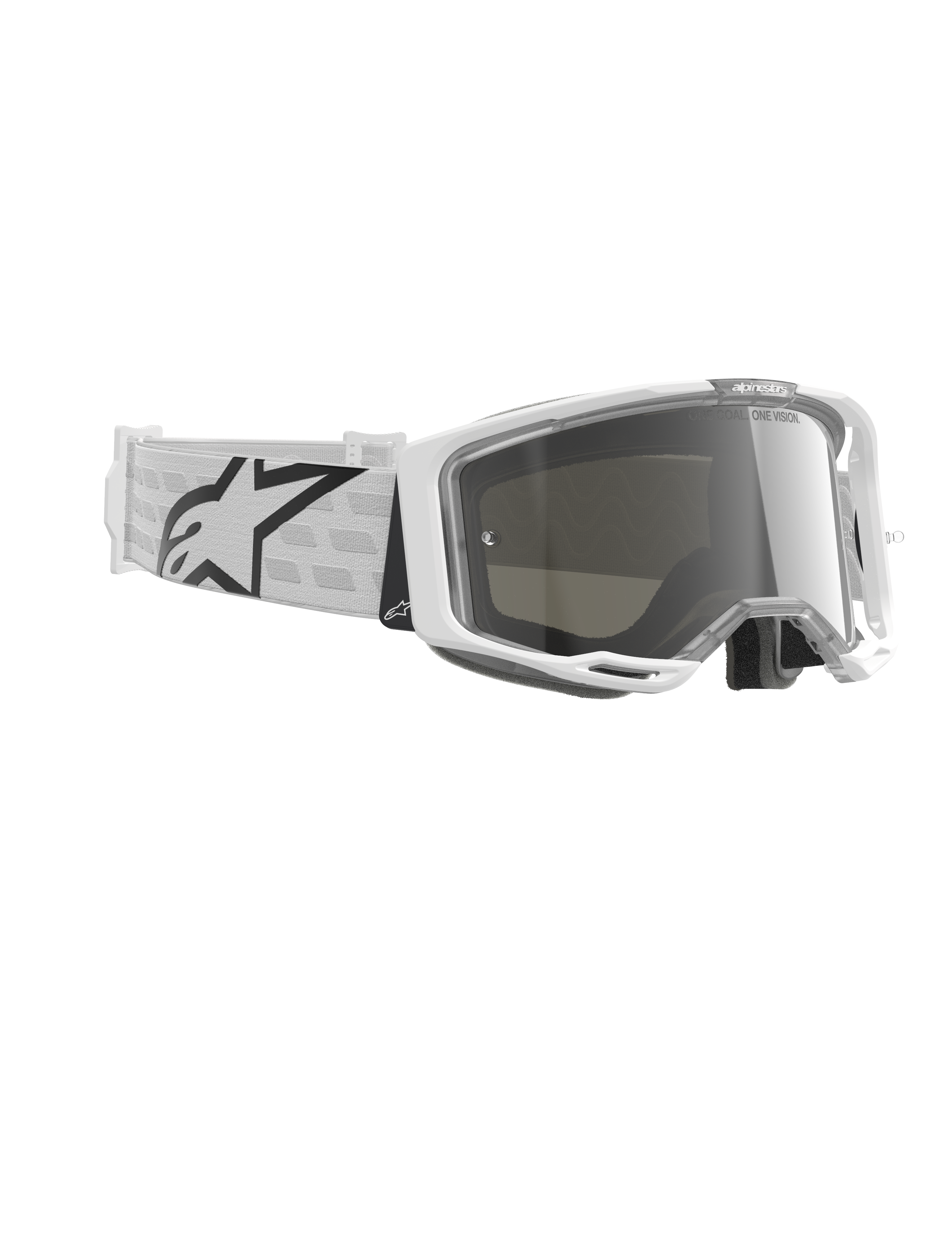 Alpinestars Vision 8 Corp Goggles, Motocross Goggles, White and Mirror Silver, featuring a white A-FLEX frame with silver mirrored lens and a white woven strap with a large black Alpinestars star logo