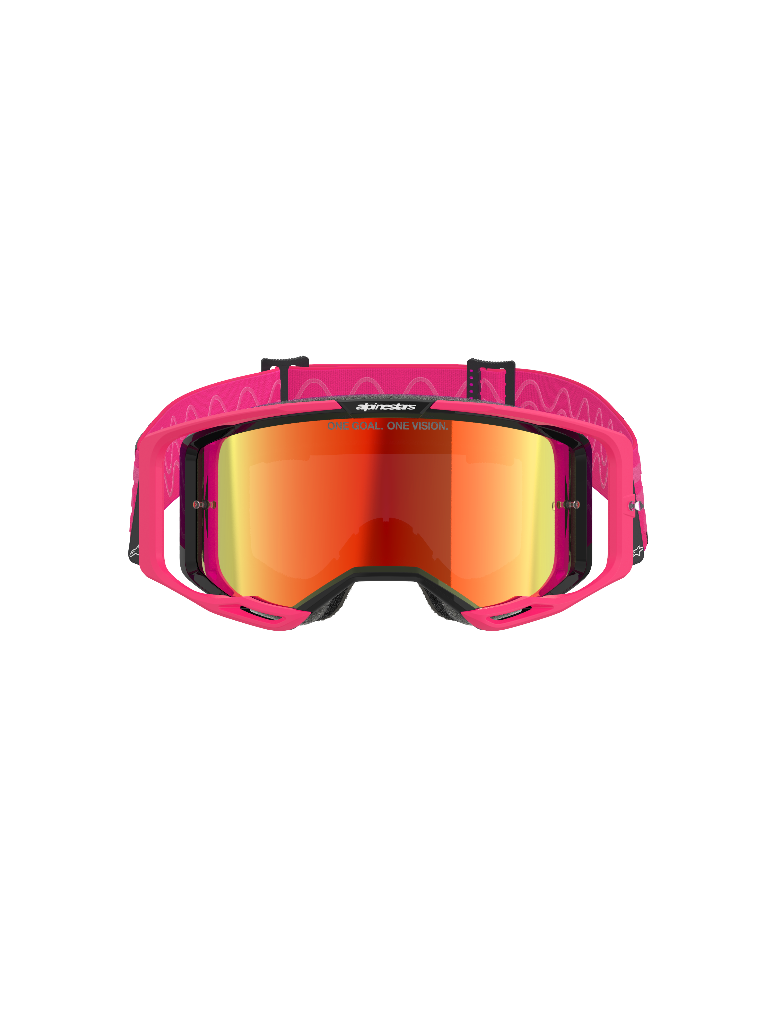 Alpinestars Vision 8 Corp Goggles, Motocross Goggles, Pink frame with Mirror Red lens, featuring wide pink strap with wavy silicone pattern, A-FLEX frame with outriggers, high-performance off-road eyewear