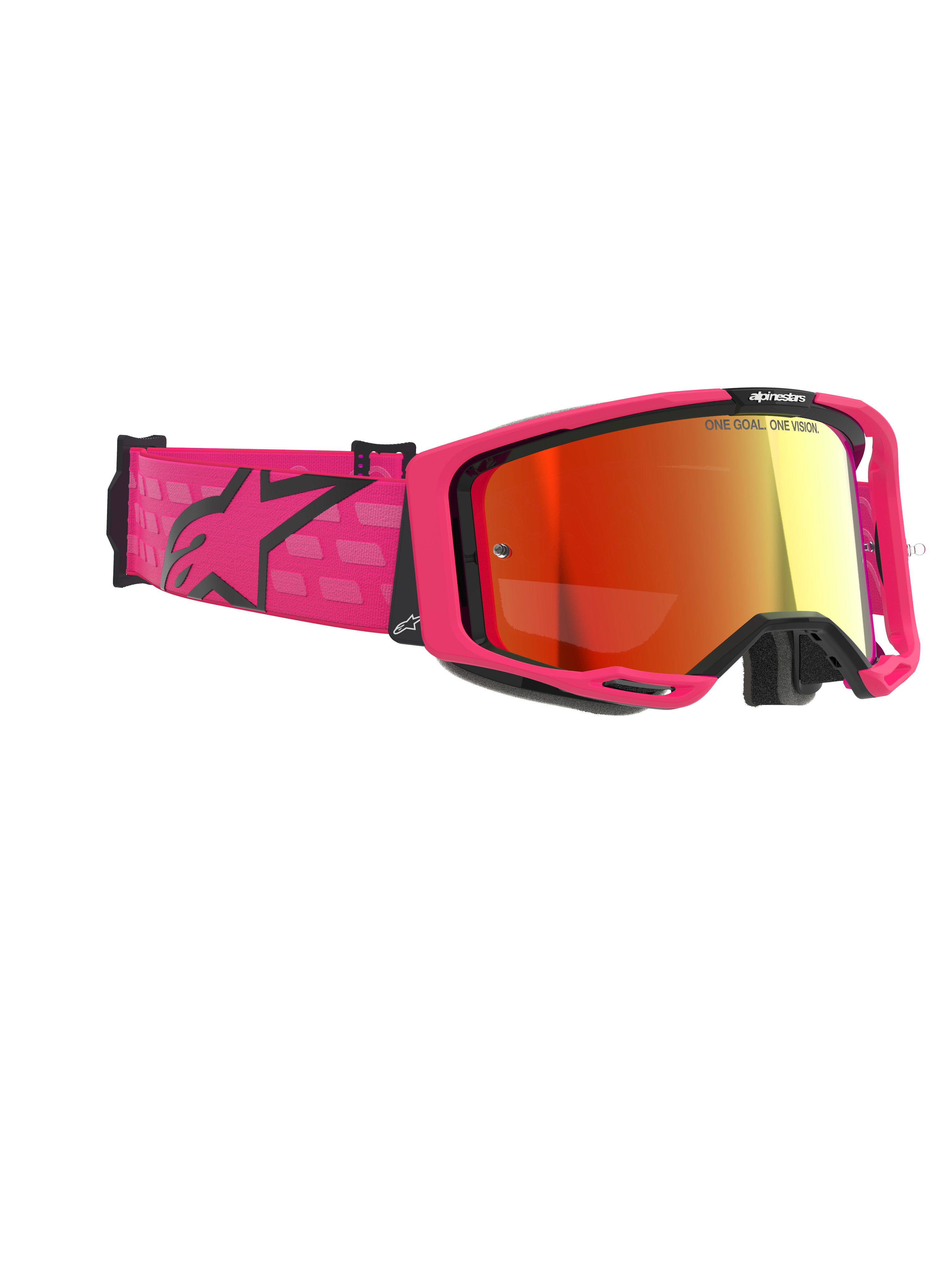 Alpinestars Vision 8 Corp Goggles, Motocross Goggles, Pink and Mirror Red, featuring a bright pink frame and wide strap with a black Alpinestars logo, red mirrored anti-fog lens, high-performance eyewear for off-road racing