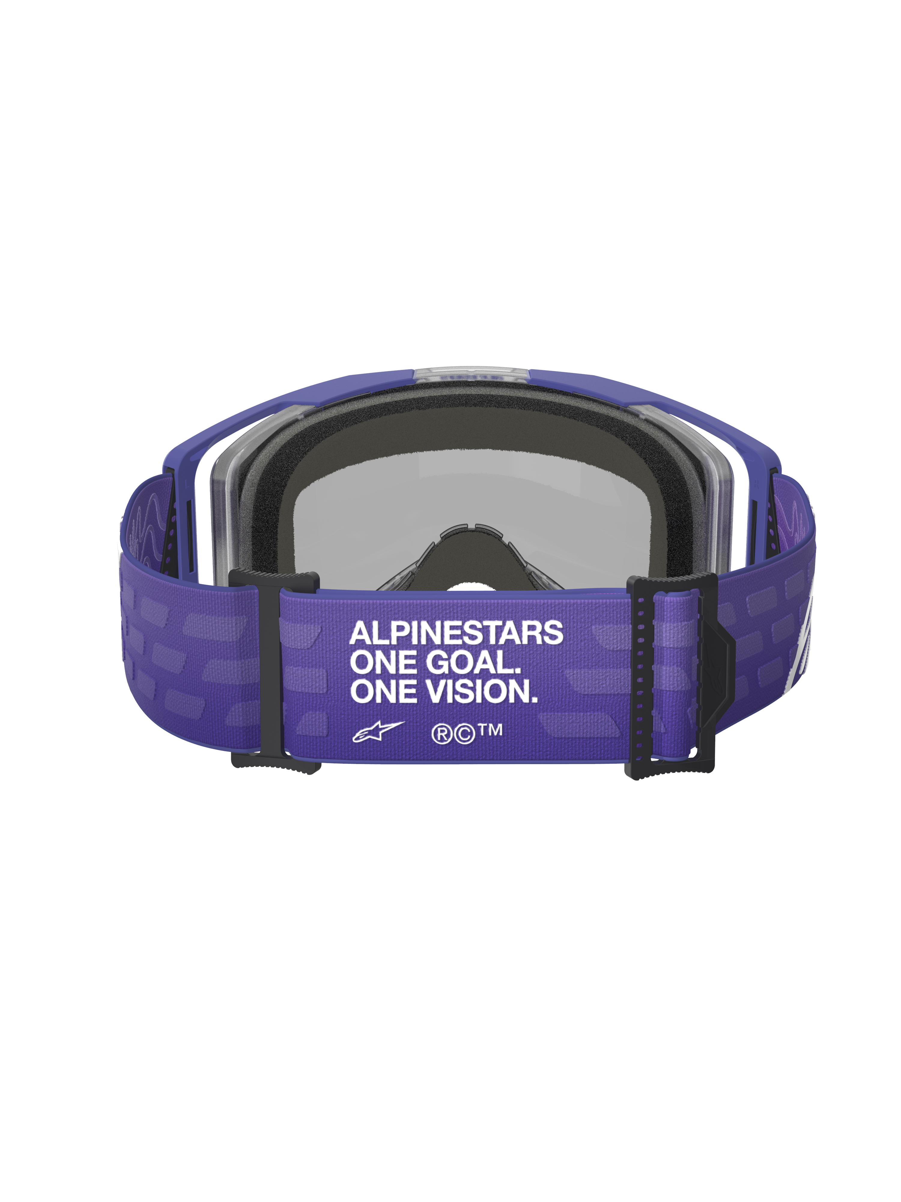 Alpinestars Vision 8 Corp Goggles, Purple, rear view featuring wide purple strap with white 'ALPINESTARS ONE GOAL. ONE VISION.' text, black hardware, and gray face foam, motocross racing eyewear