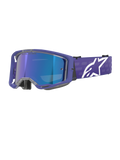 Alpinestars Vision 8 Corp Goggles, Motocross Goggles, Purple and Mirror Blue, Reflective Blue Lens featuring 'One Goal. One Vision.' text, Purple frame with wide strap and white Alpinestars logo, Off-road racing eye protection