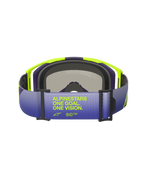 Alpinestars Vision 8 Corp Goggles, rear view focusing on the gradient purple and blue strap, featuring 'ALPINESTARS ONE GOAL. ONE VISION.' text in fluorescent yellow, bright yellow and purple A-FLEX frame with black face foam, professional motocross goggles.