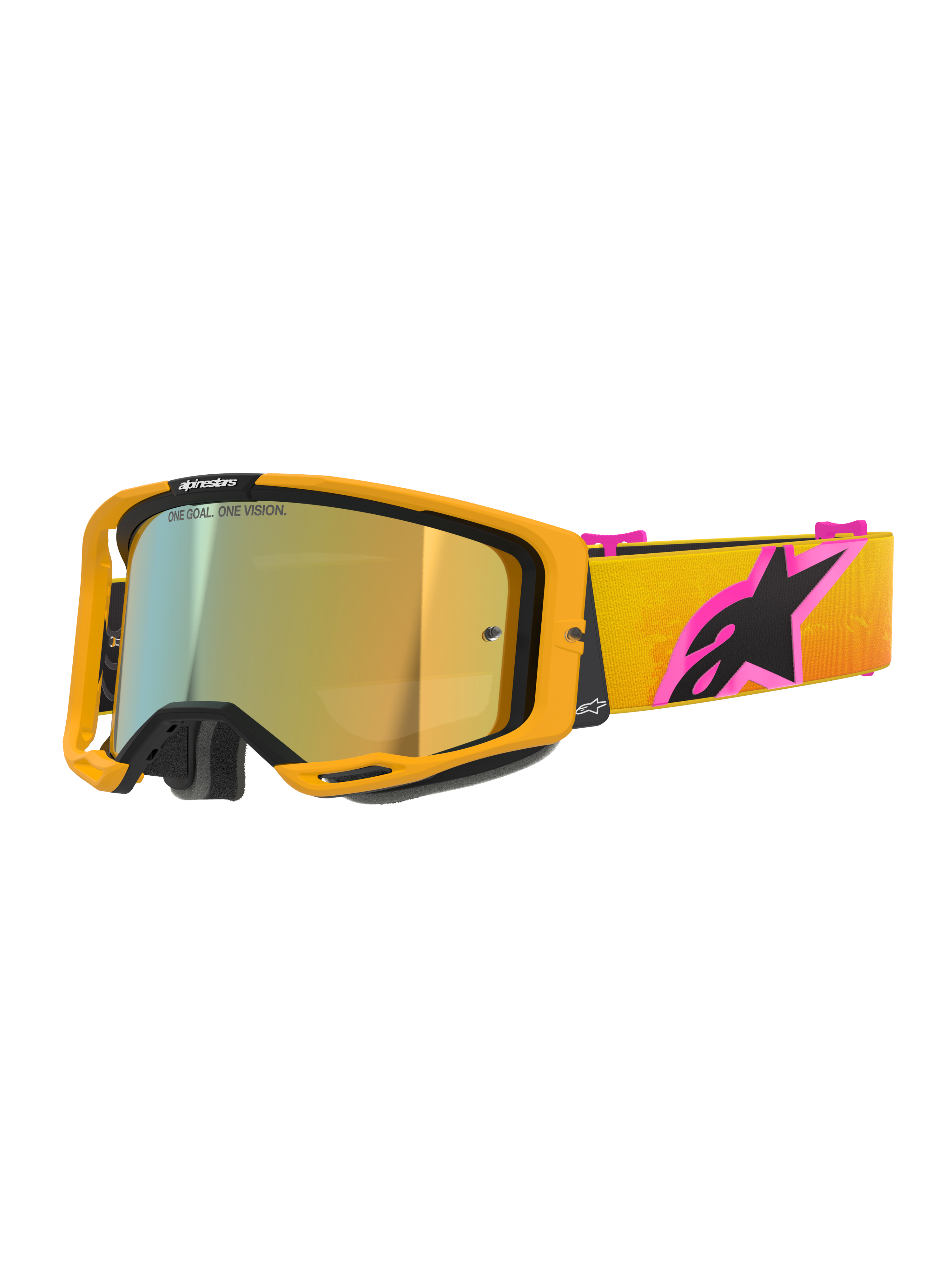 Alpinestars Vision 8 Corp Goggles, Motocross Goggles, Orange frame with Mirror Gold lens, Yellow and Orange gradient strap with a large Pink and Black Alpinestars logo, sleek high-performance design for off-road racing