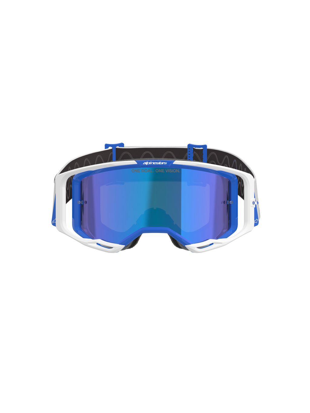 Alpinestars Vision 8 Corp Goggles, Motocross Goggles, Blue and White with Mirror Blue Lens, featuring a white outer frame, blue inner accents, and 'One Goal. One Vision.' branding on the mirror lens, designed for off-road racing performance.
