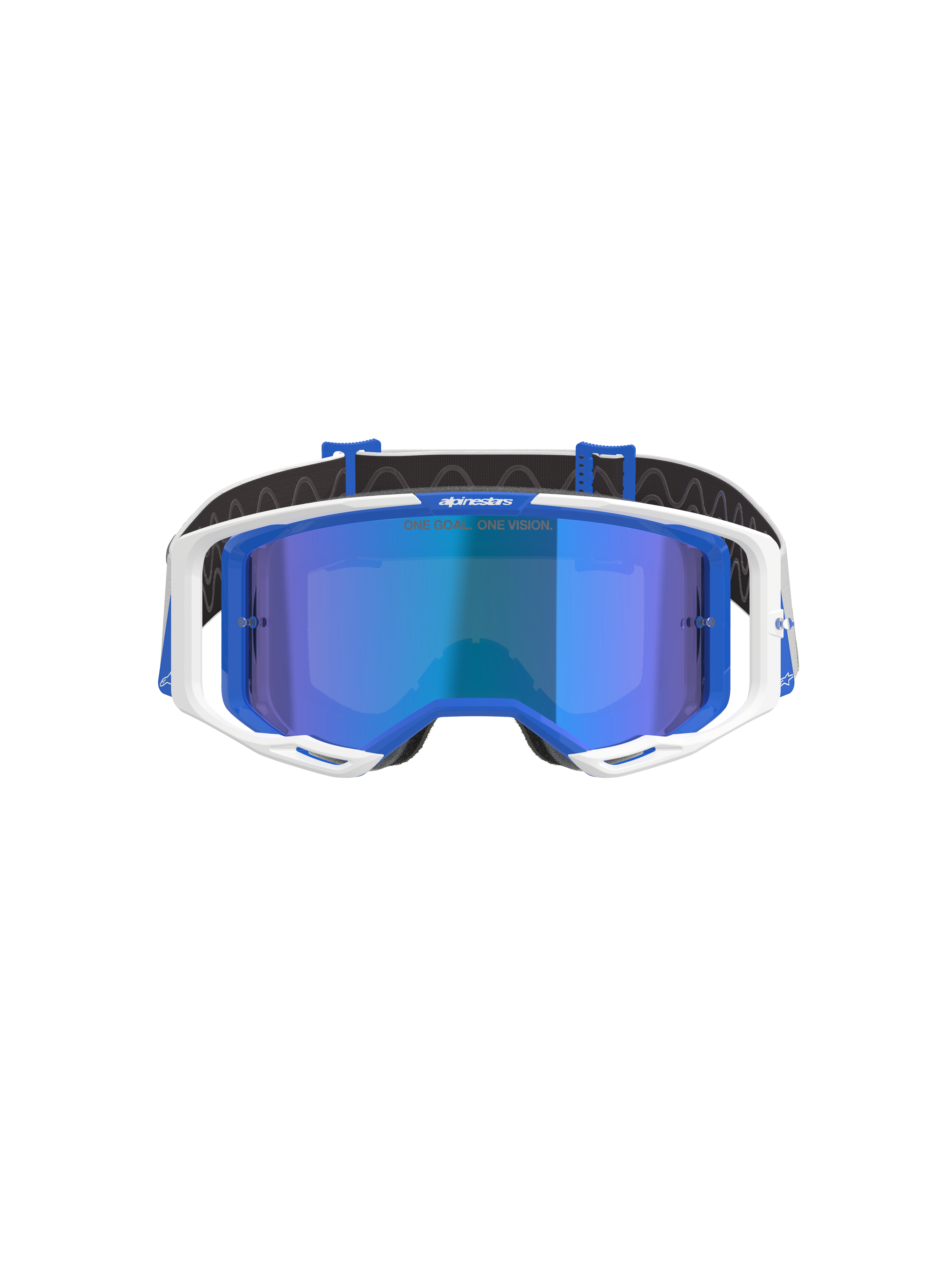 Alpinestars Vision 8 Corp Goggles, Motocross Goggles, Blue and White with Mirror Blue Lens, featuring a white outer frame, blue inner accents, and 'One Goal. One Vision.' branding on the mirror lens, designed for off-road racing performance.