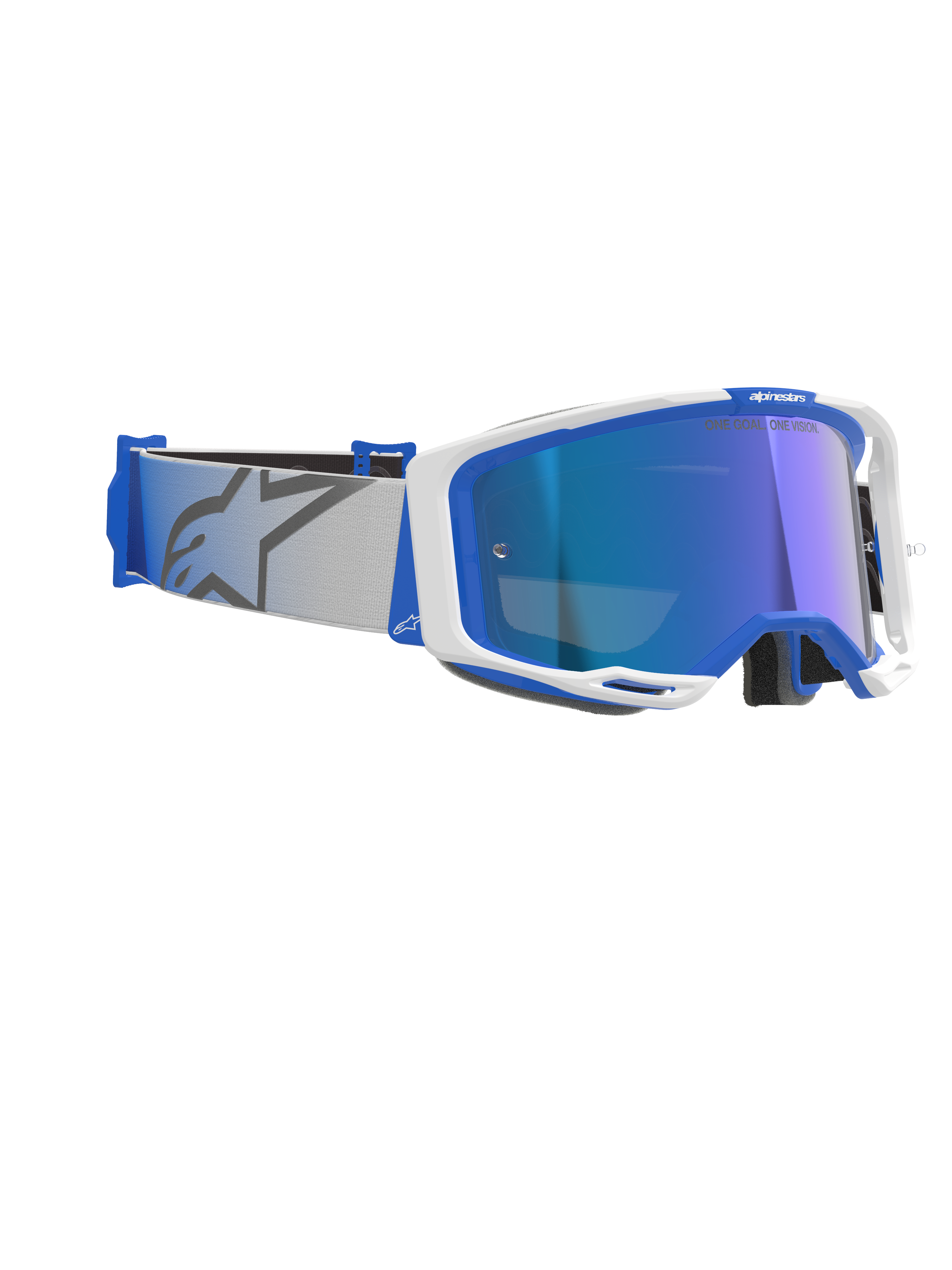 Alpinestars Vision 8 Corp Goggles, Motocross Goggles, Blue and White with Mirror Blue lens, light gray woven strap featuring a blue star logo, sleek A-FLEX frame design with mirrored lens for off-road racing