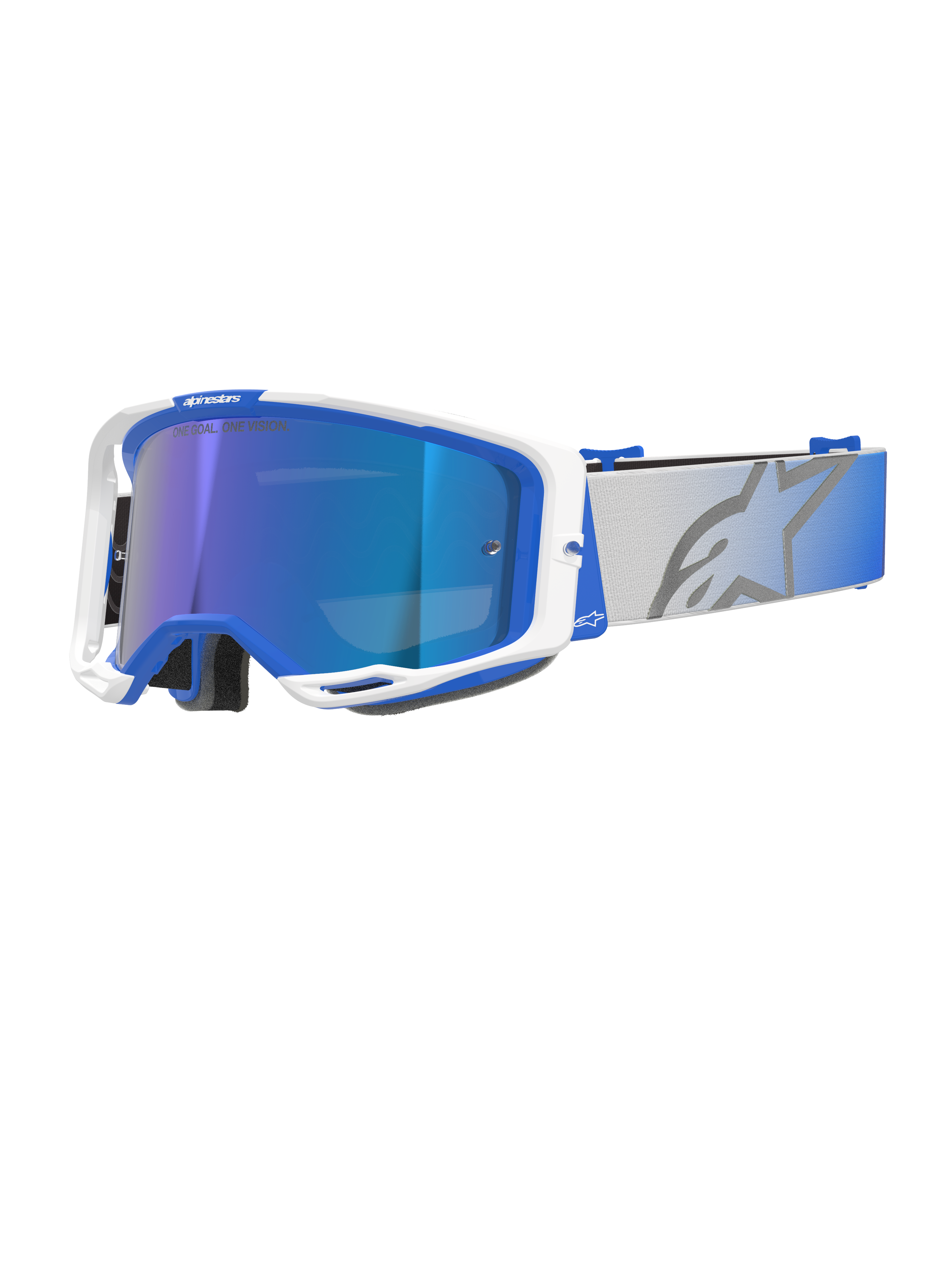 Alpinestars Vision 8 Corp Goggles, Motocross Goggles, Blue and White frame, Mirror Blue reflective lens with purple tint, wide adjustable gray strap with blue gradient and large star logo, featuring RAM-AIR ventilation and "ONE GOAL. ONE VISION." branding