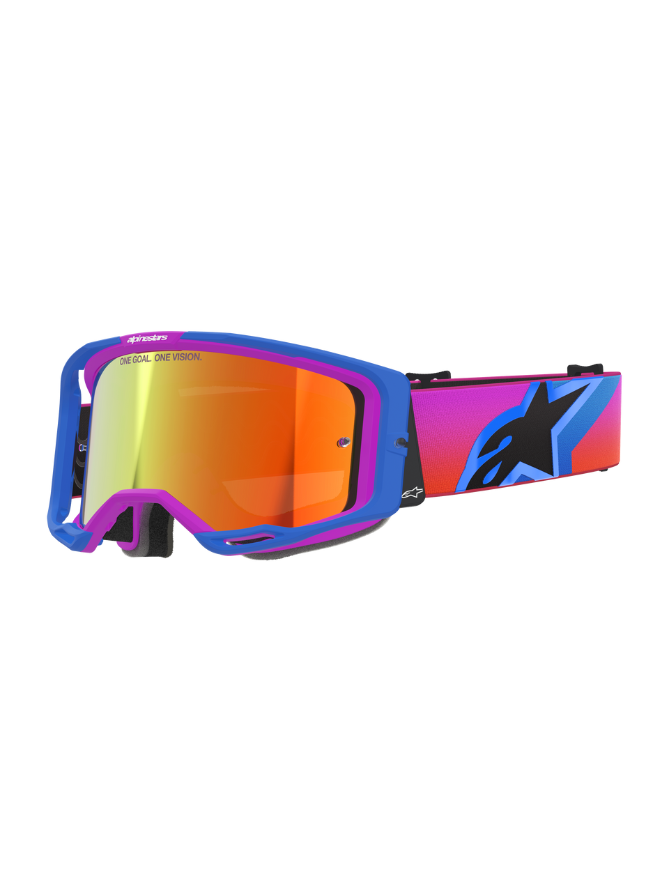 Alpinestars Vision 8 Corp Goggles, Motocross Goggles, UCLA Blue and Purple frame, Mirror Red tinted lens, vibrant gradient strap with Alpinestars star logo, professional off-road racing eyewear