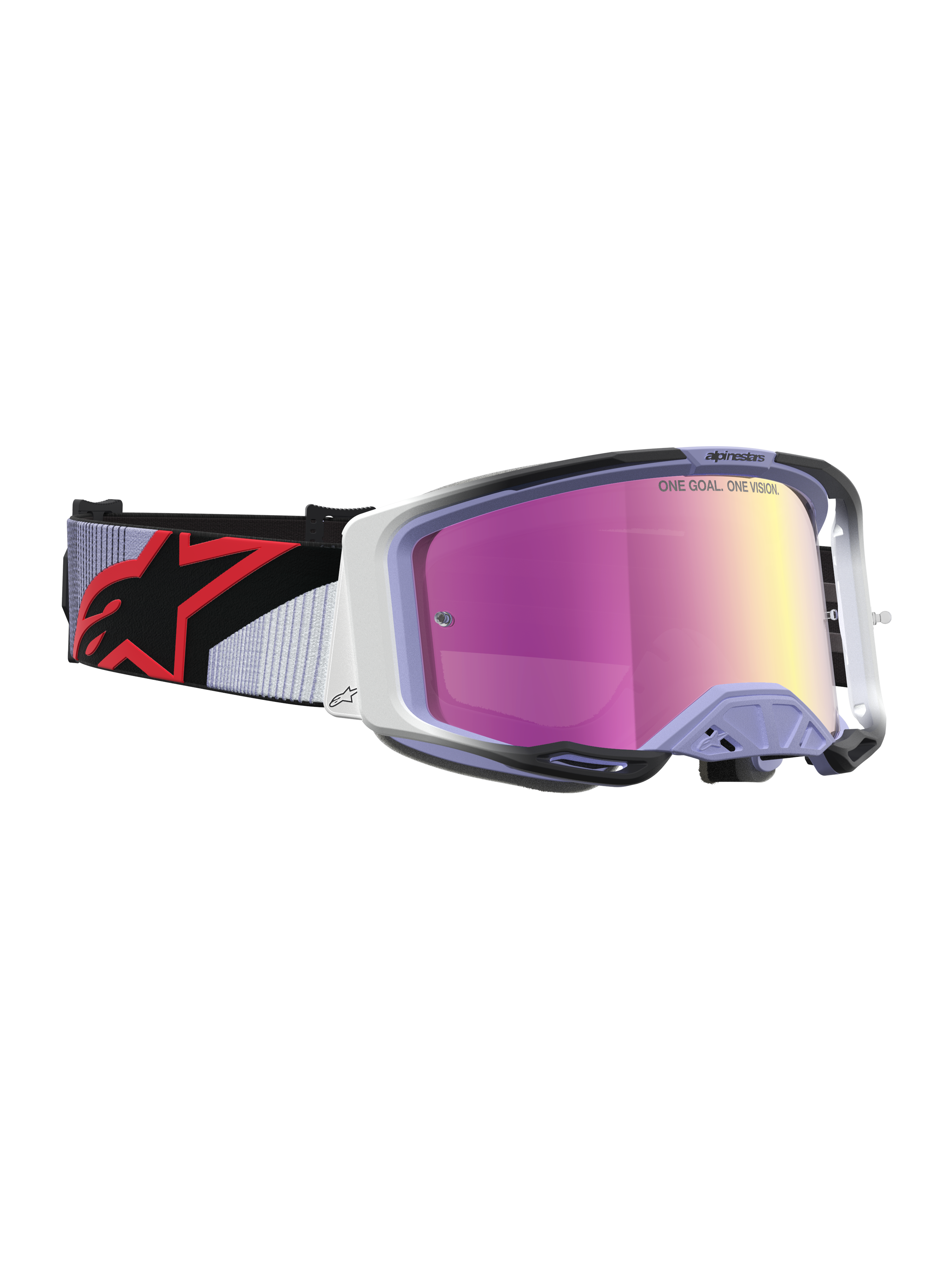 Alpinestars Vision 8 Maven Motocross Goggles, Lavender and Black with a Mirror Pink lens and RAM-AIR ventilation.