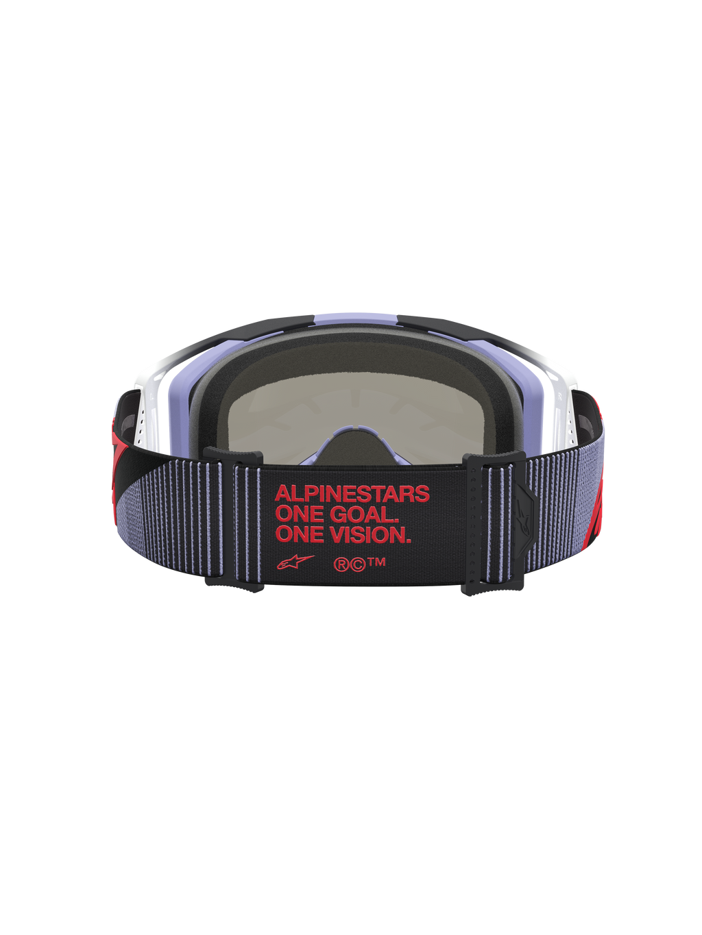 Alpinestars Vision 8 Maven Motocross Goggles, Lavender and Black, rear view with red "One Goal. One Vision." strap branding.