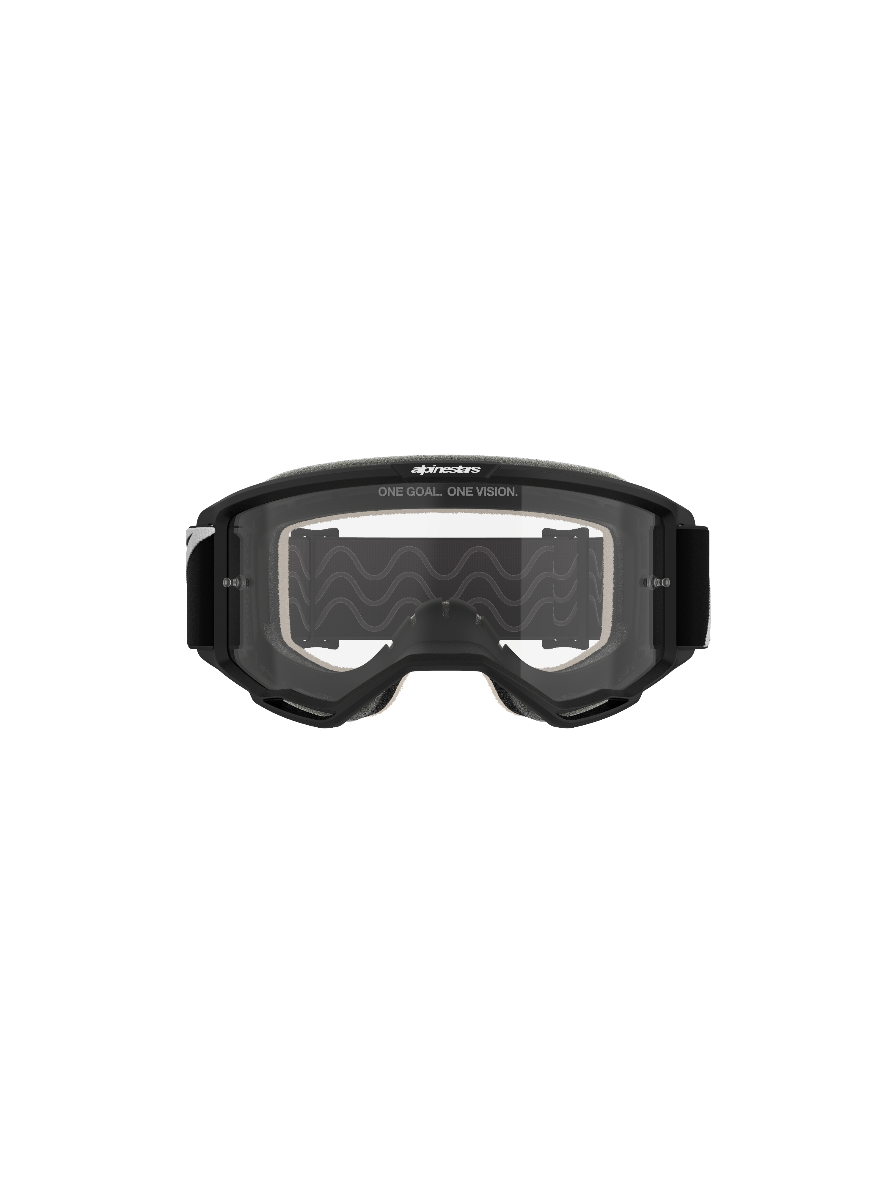 Alpinestars Vision 5 Corp Goggles, Motocross Goggles, Black Frame with Clear Lens, front view, featuring 'ONE GOAL. ONE VISION.' branding on top, wide viewport design for off-road racing.