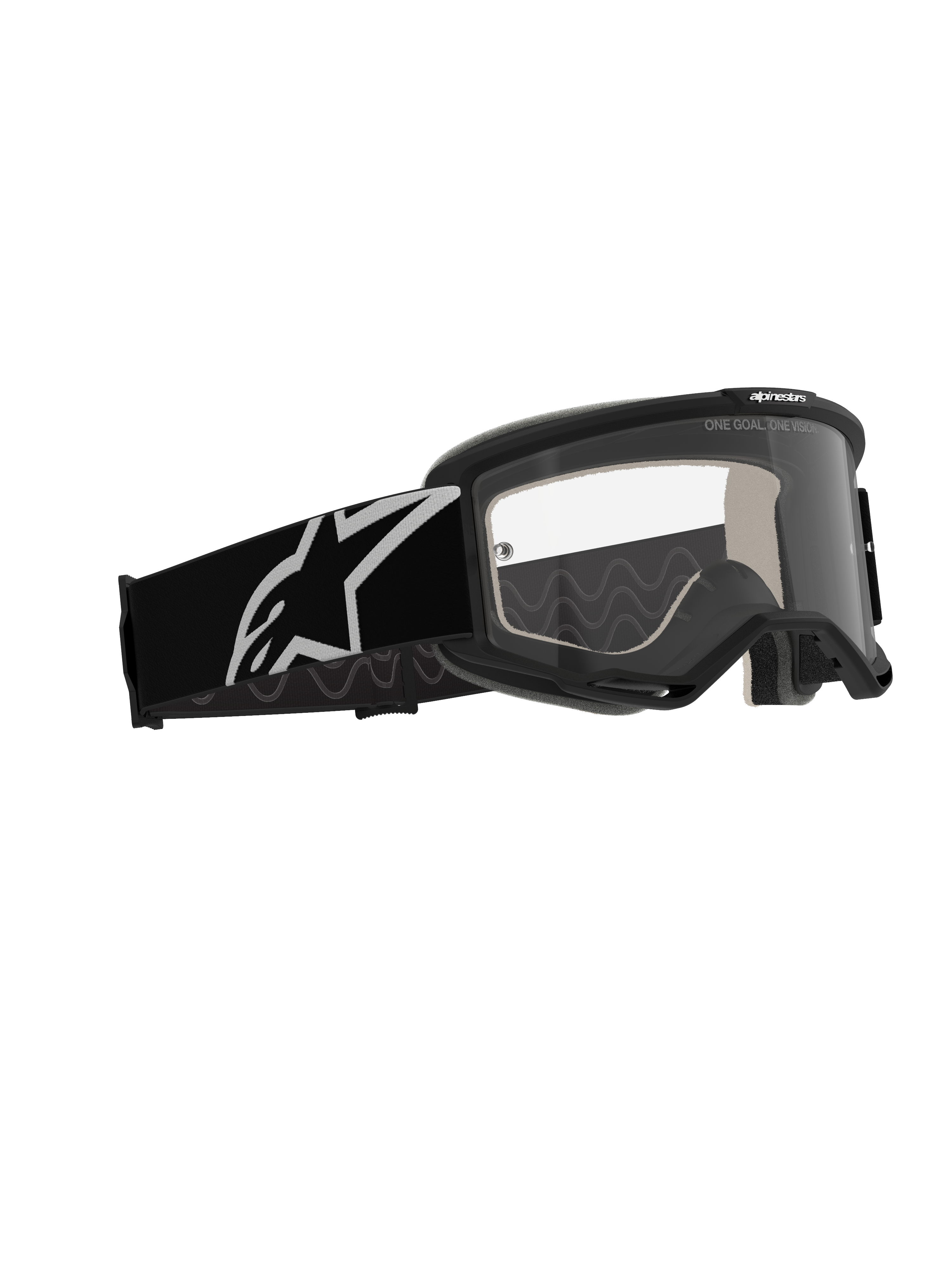 Alpinestars Vision 5 Corp Goggles, Motocross Goggles, Black frame with clear anti-fog lens, wide black strap featuring a white Astars logo, performance off-road eyewear with RAM-AIR ventilation