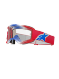 Alpinestars Vision 5 Corp Goggles, Motocross Goggles, Red White and Blue, Clear Lens, Red frame with gradient blue and white top accents, red strap with a large blue and white Alpinestars star logo, multi-layer foam padding, high-performance racing eyewear