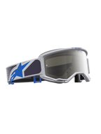 Alpinestars Vision 5 Drag Goggles for Motocross, Light Lilac and Blue with Silver Mirror Lens, featuring an A-FLEX frame and wide field of vision.