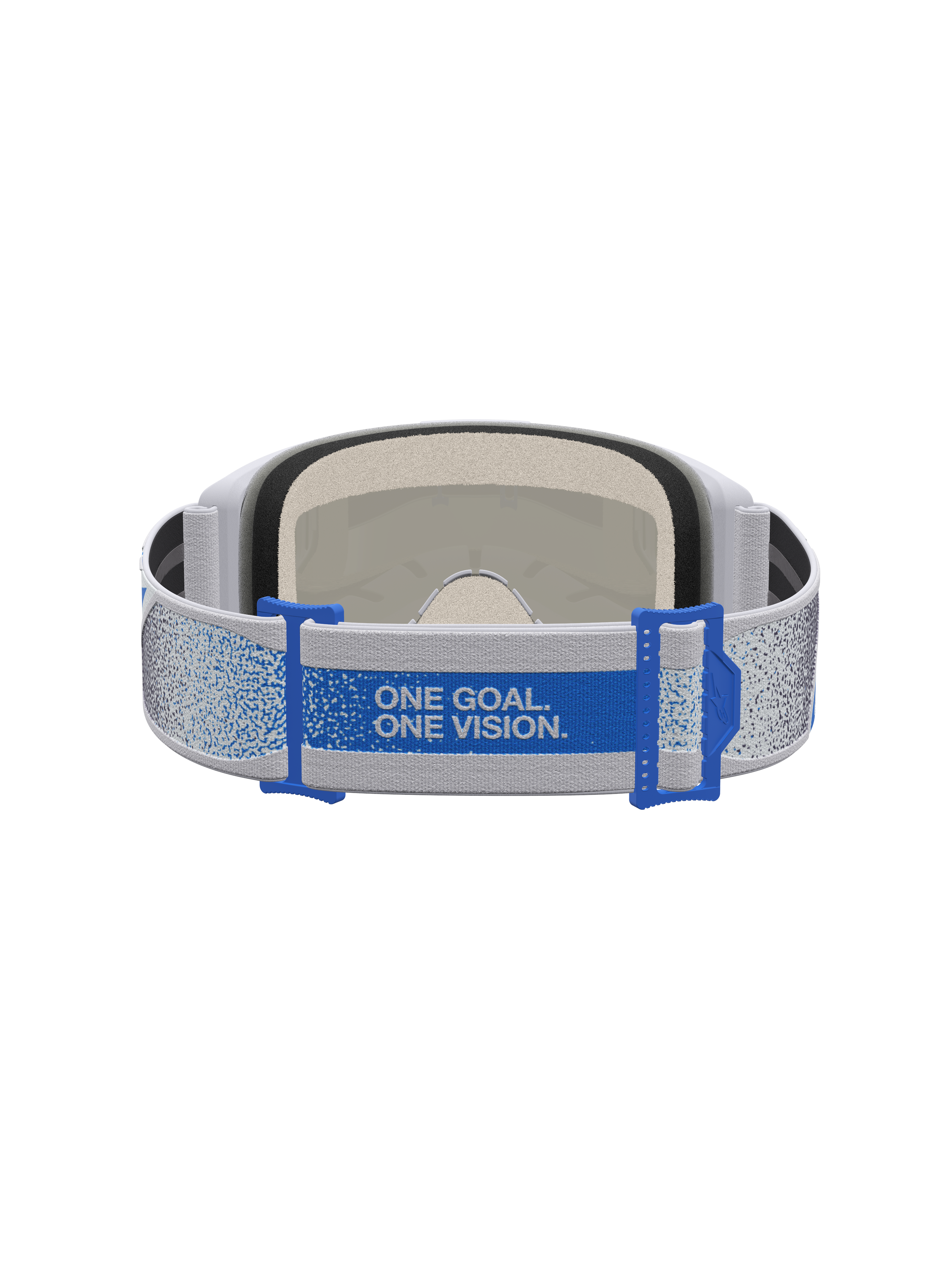 Alpinestars Vision 5 Drag Goggles, Motocross Goggles, Blue and Lilac, showing adjustable strap with 'ONE GOAL. ONE VISION.' text.