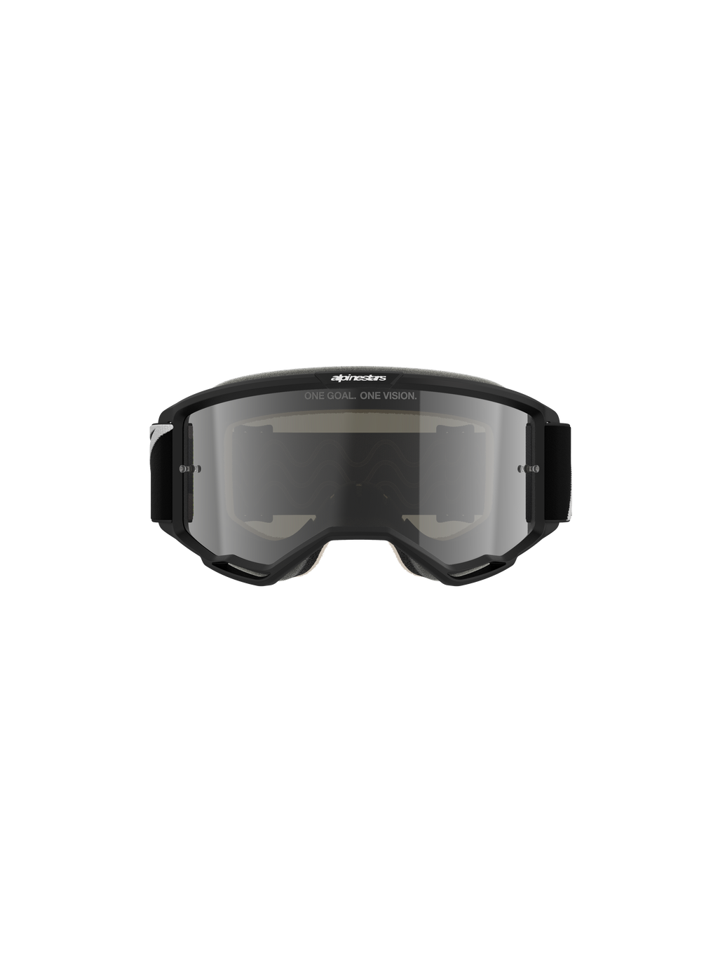 Alpinestars Vision 5 Corp Goggles, Motocross Goggles, Black with Mirror Silver lens, frontal view showing 'ONE GOAL. ONE VISION.' text and Alpinestars logo, sleek design for off-road and motocross racing