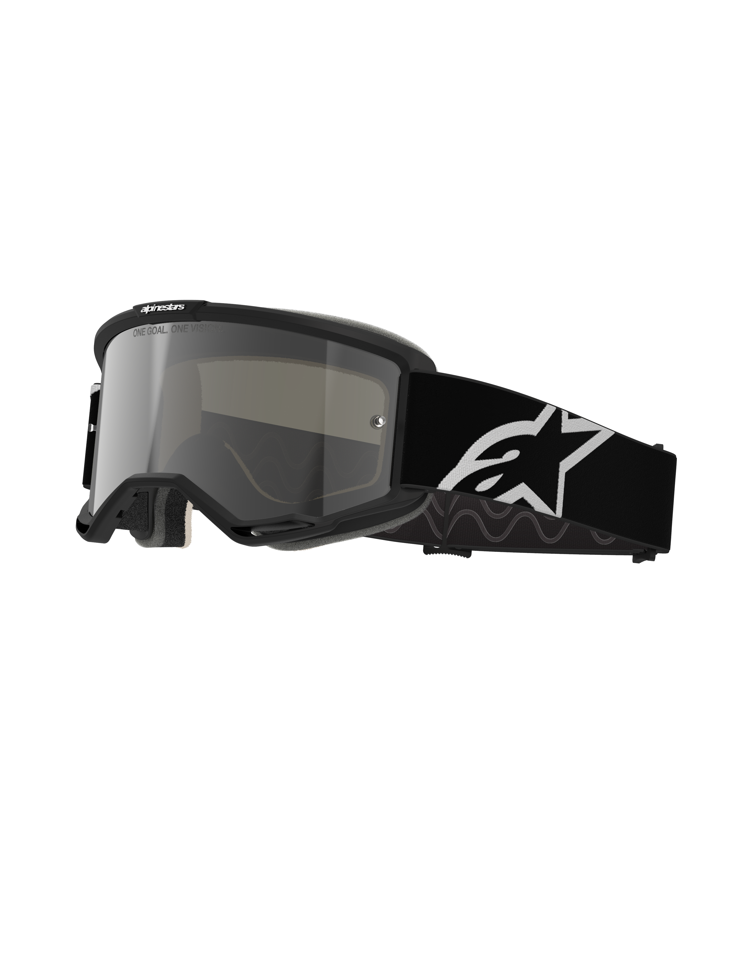 Alpinestars Vision 5 Corp Goggles, Motocross Goggles, Black frame with Silver Mirror lens, wide black adjustable strap with large white Alpinestars star logo, padded face foam, One Goal One Vision branding