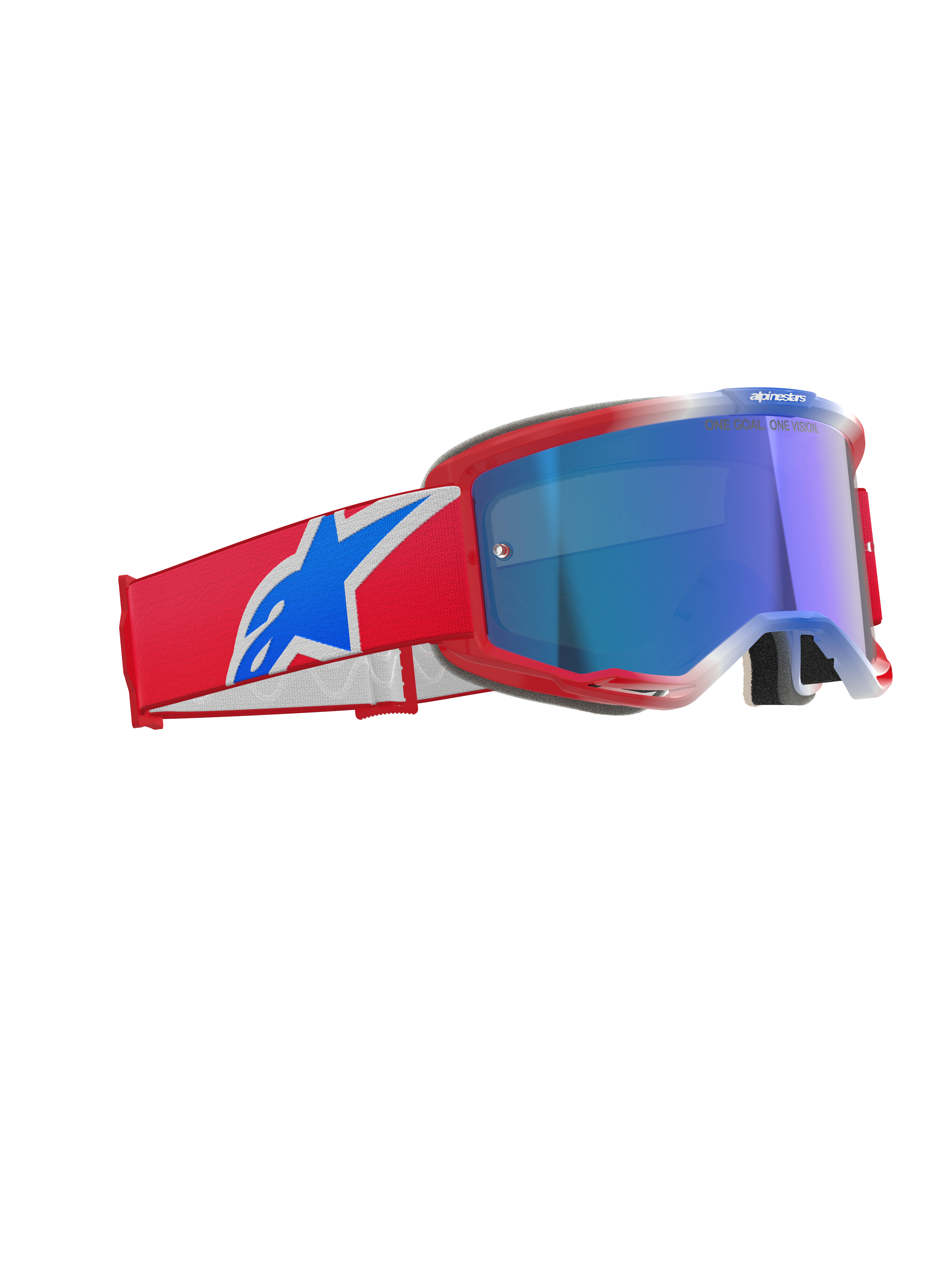 Alpinestars Vision 5 Corp Goggles, Motocross Goggles, Red White and Blue with Blue Mirror Lens, red frame with sleek ventilation, wide red strap with bold blue and white logo, professional eyewear for off-road and motocross racing