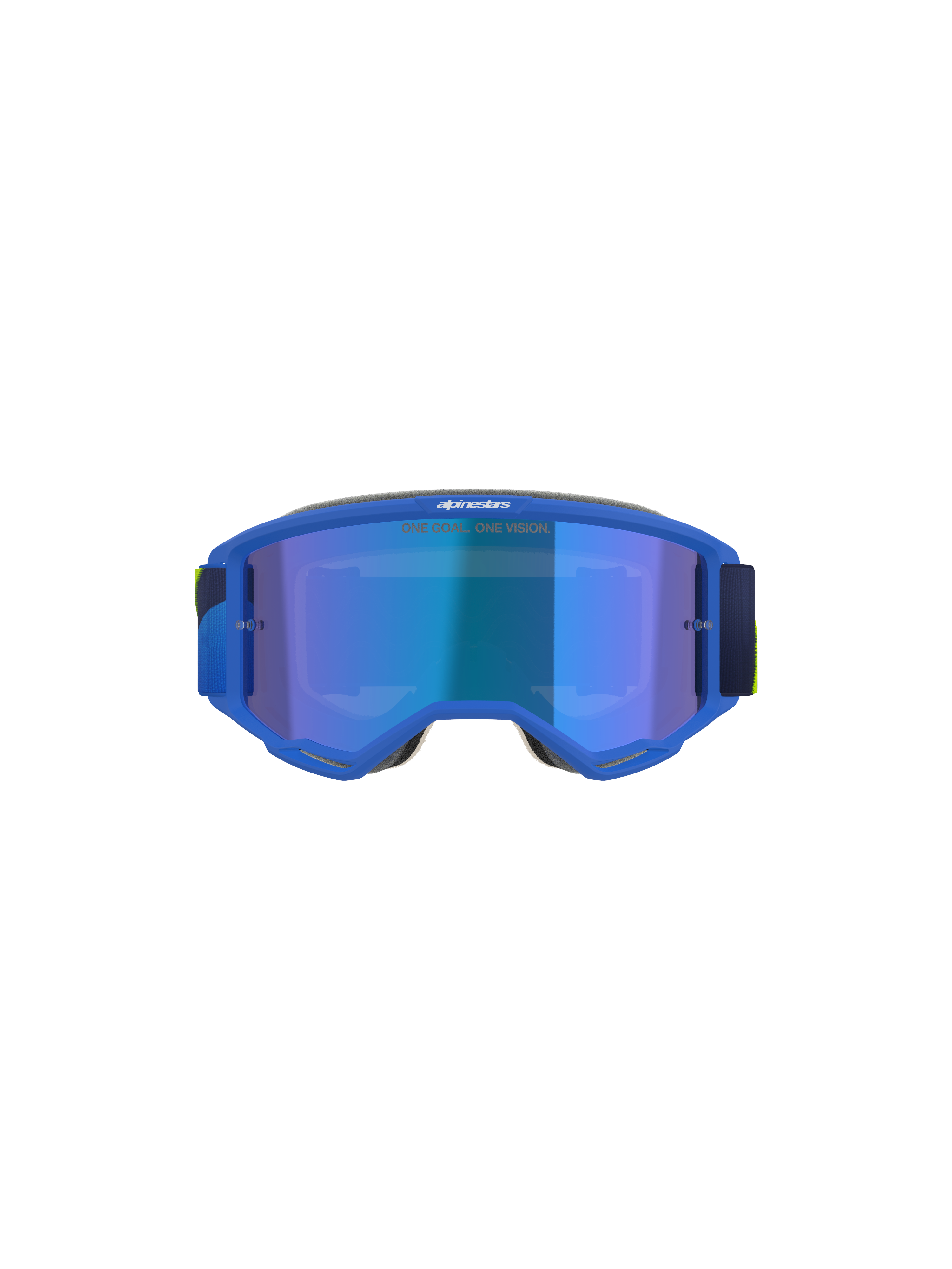 Alpinestars Vision 5 Corp Goggles, Motocross Goggles, Blue and Yellow Fluo, Mirror Blue lens with 'ONE GOAL. ONE VISION.' text, front view, ultra-pliable A-FLEX urethane frame, protective eyewear for off-road performance